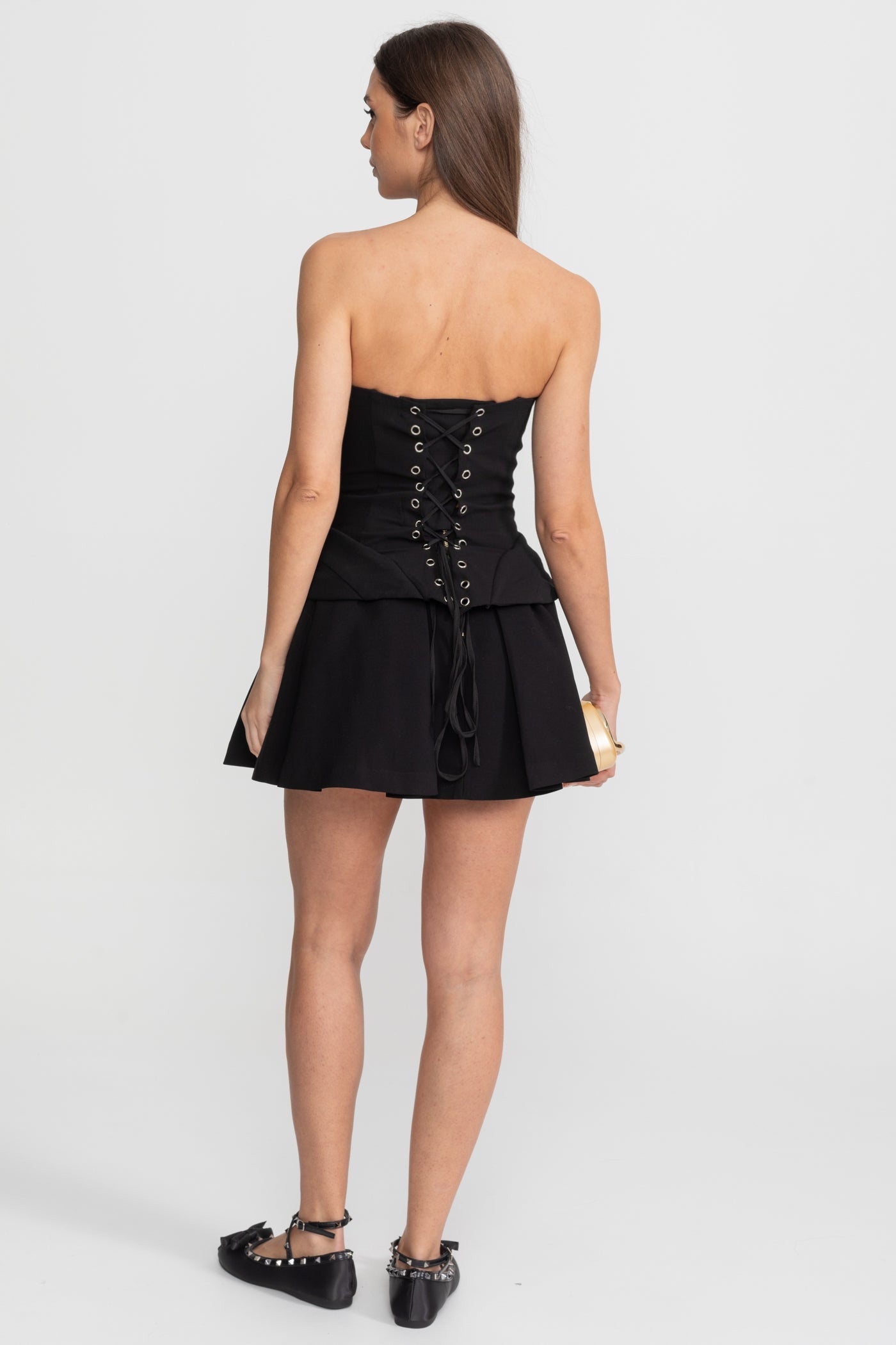 Top fără bretele cu corset sculptat și inserție iluzorie – Negru