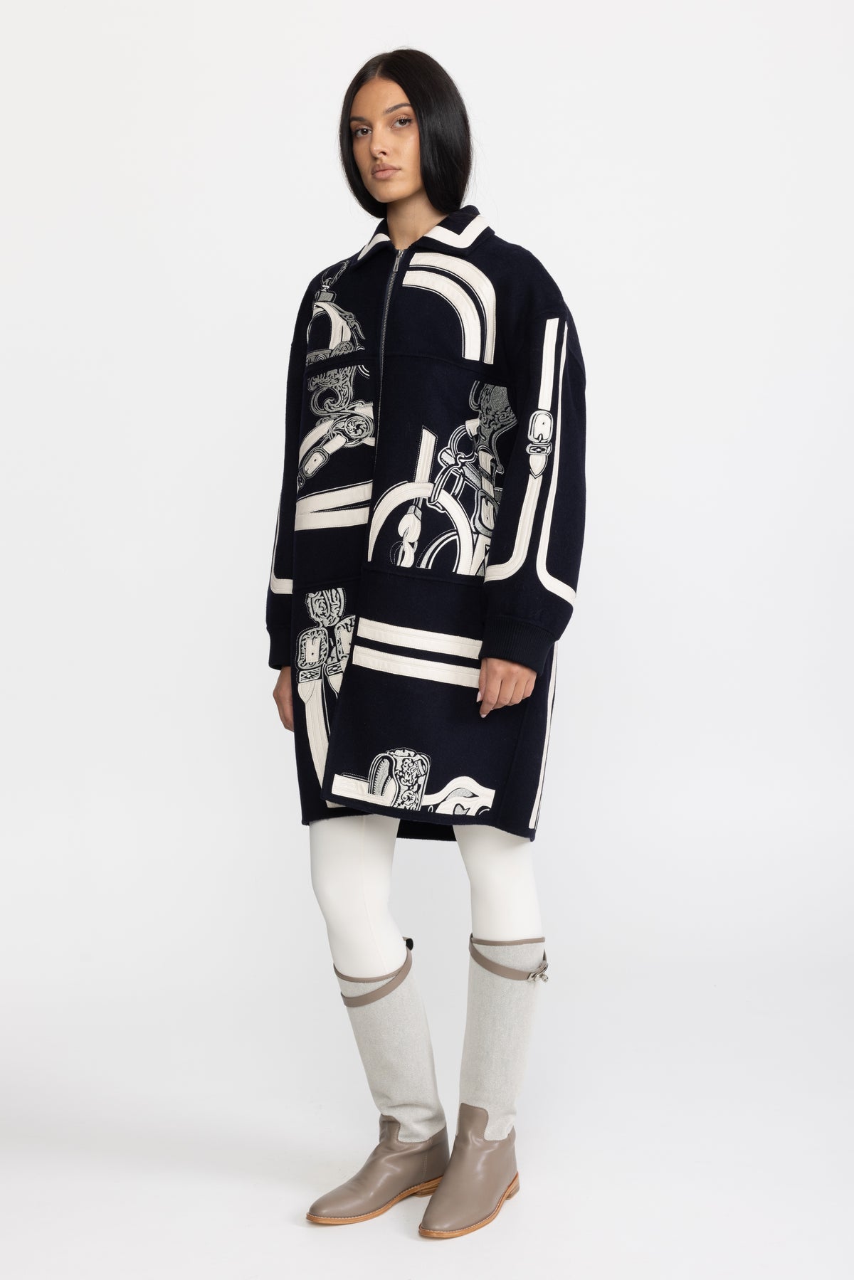Equestrian Applique Embroidered Wool Zip Coat - Navy