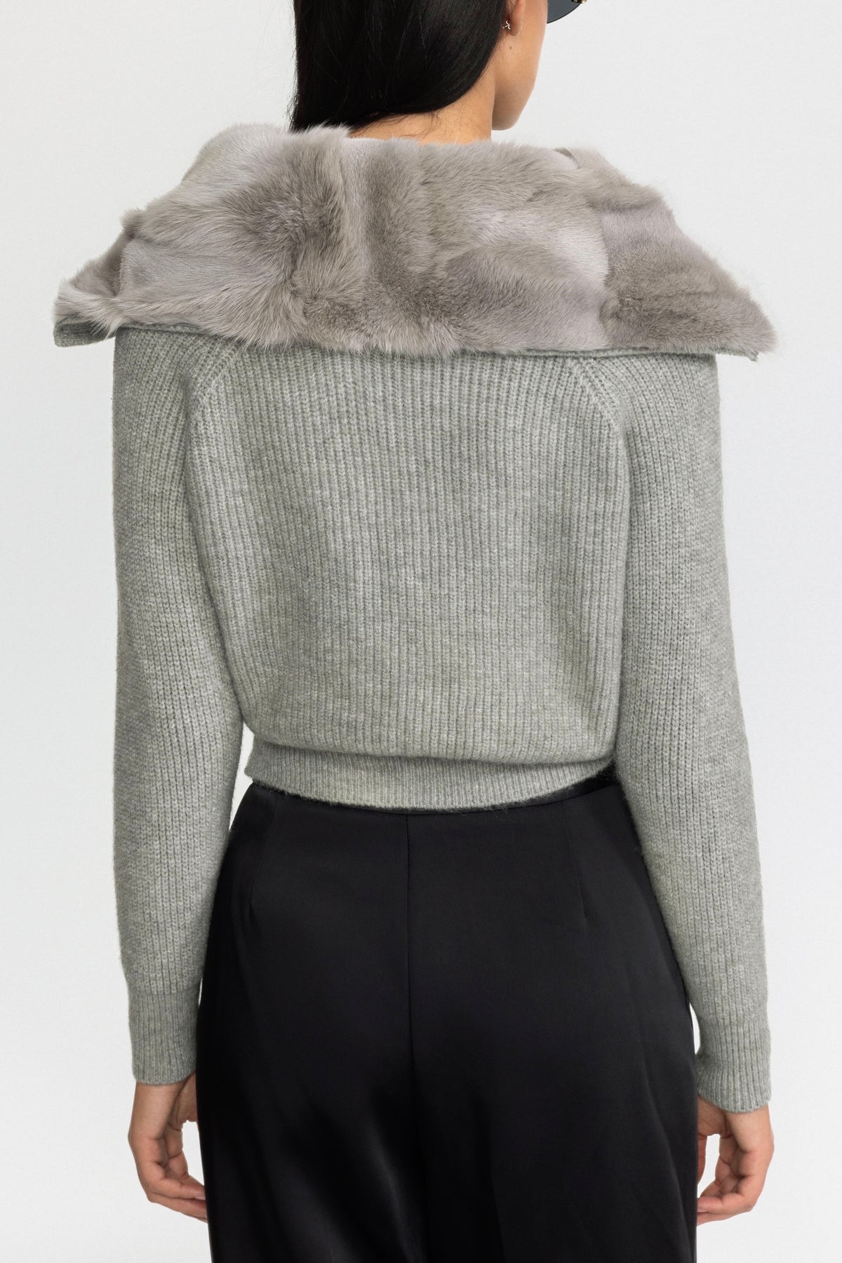 Rabbit Fur Panel Knit Zip Cardigan - Grey