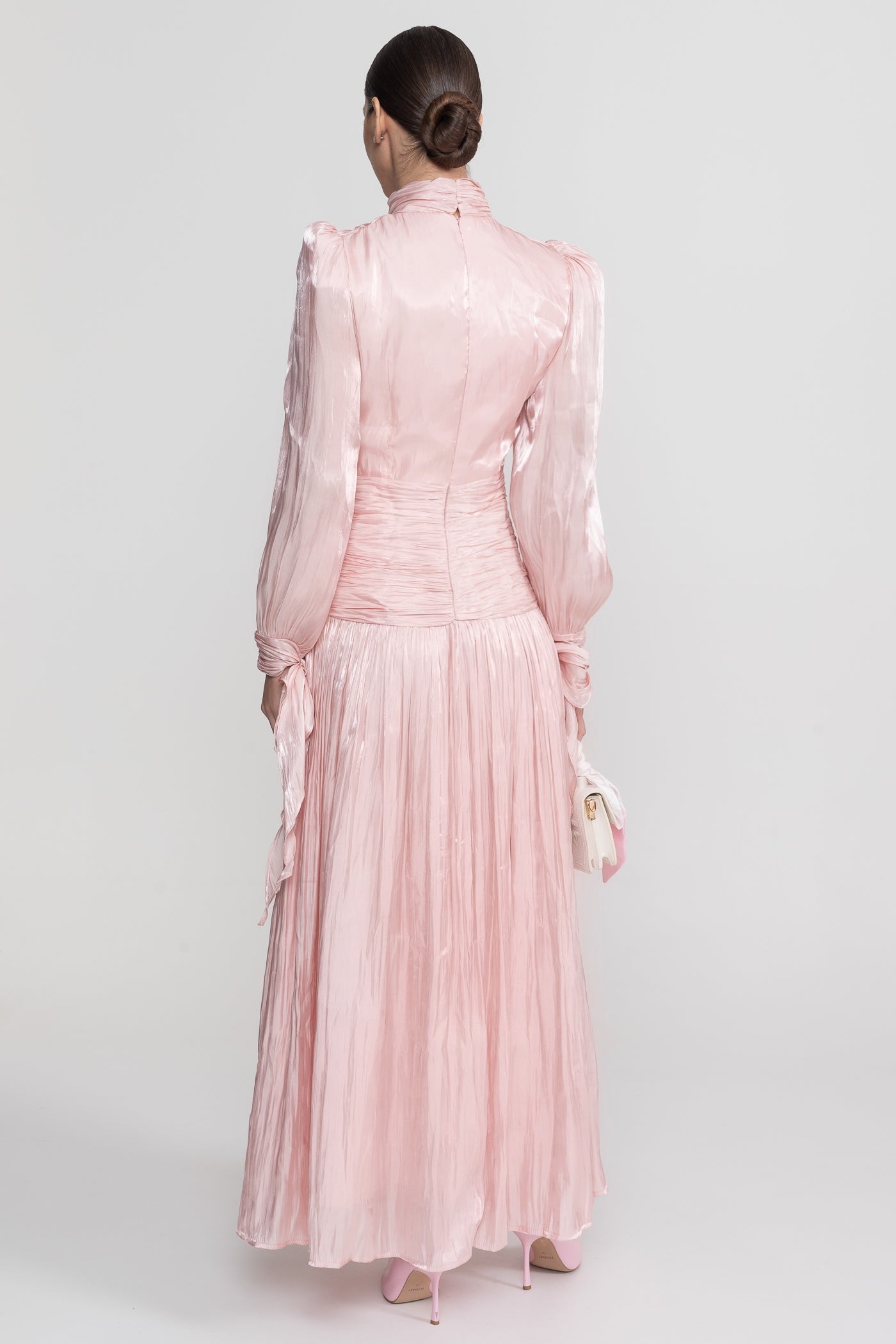 Ruched Long Sleeve Maxi Dress With Pleated Skirt - Blush Pink