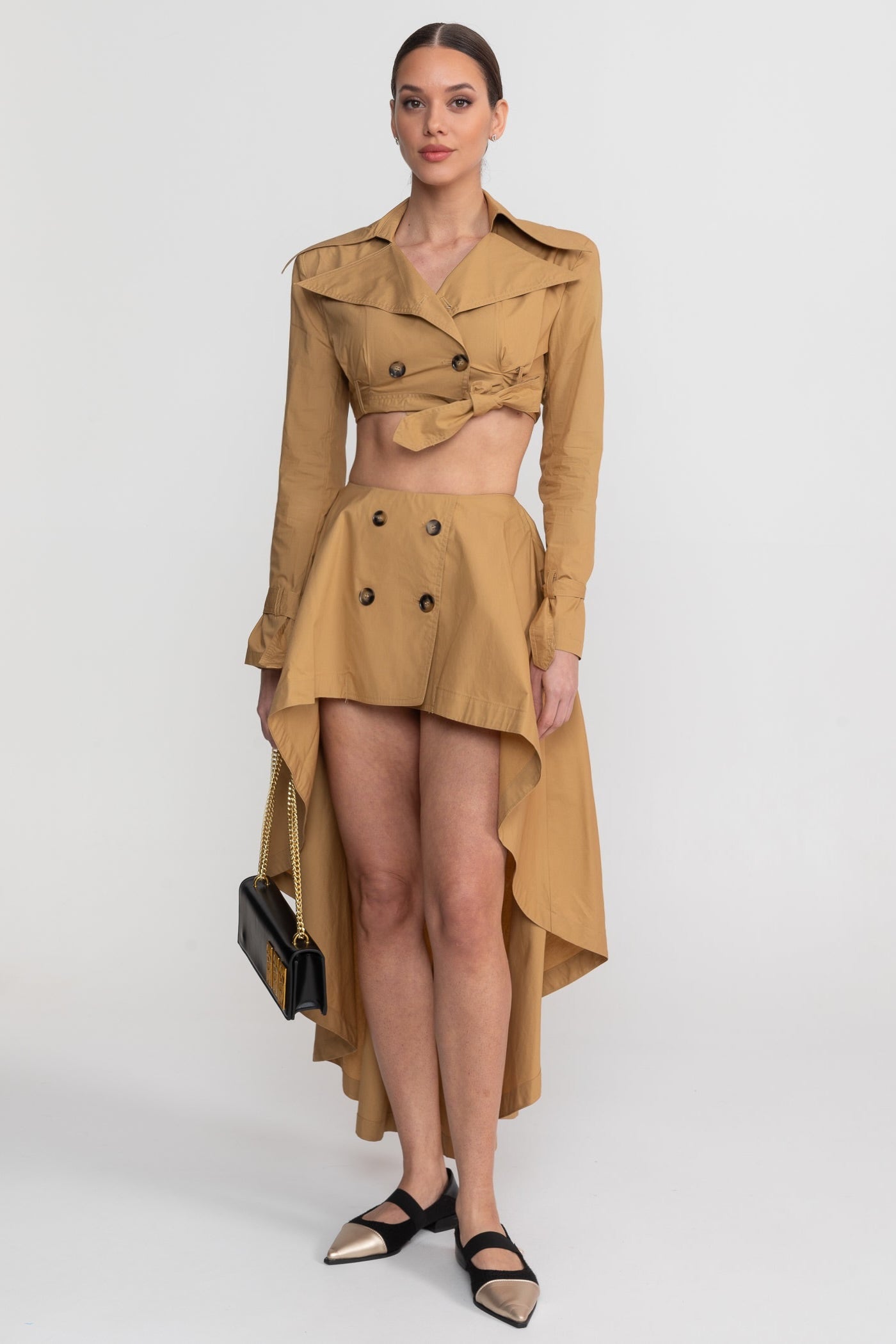 Cropped Trench Co-Ord Set With Asymmetric High-Low Skirt - Camel