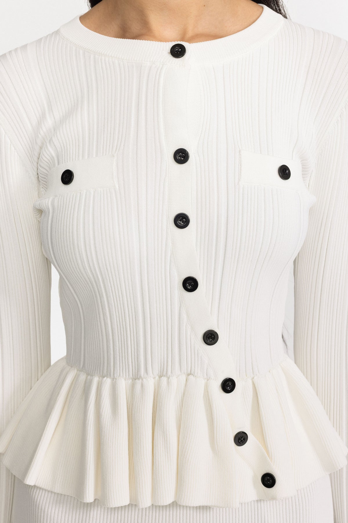 Ribbed Knit Peplum Cardigan and Midi Skirt Set - White