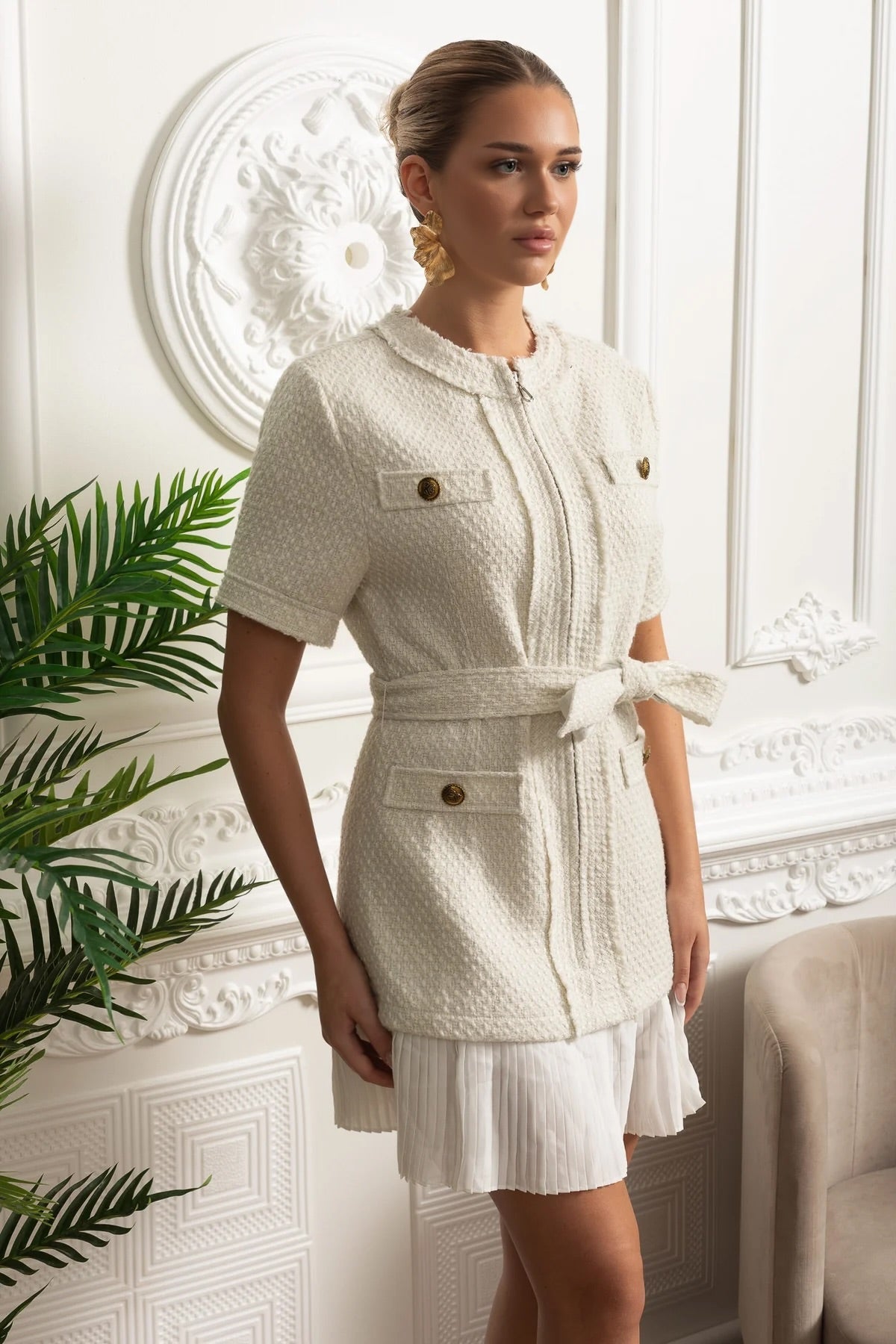 Bouclé Mini Dress With Belted Waist And Pleated Hem - Ivoire