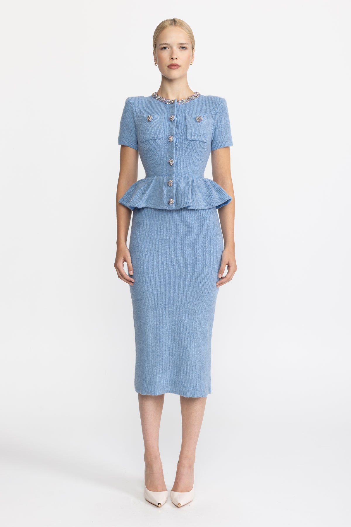 Crystal Embellished Knit Peplum Midi Dress - Light Blue