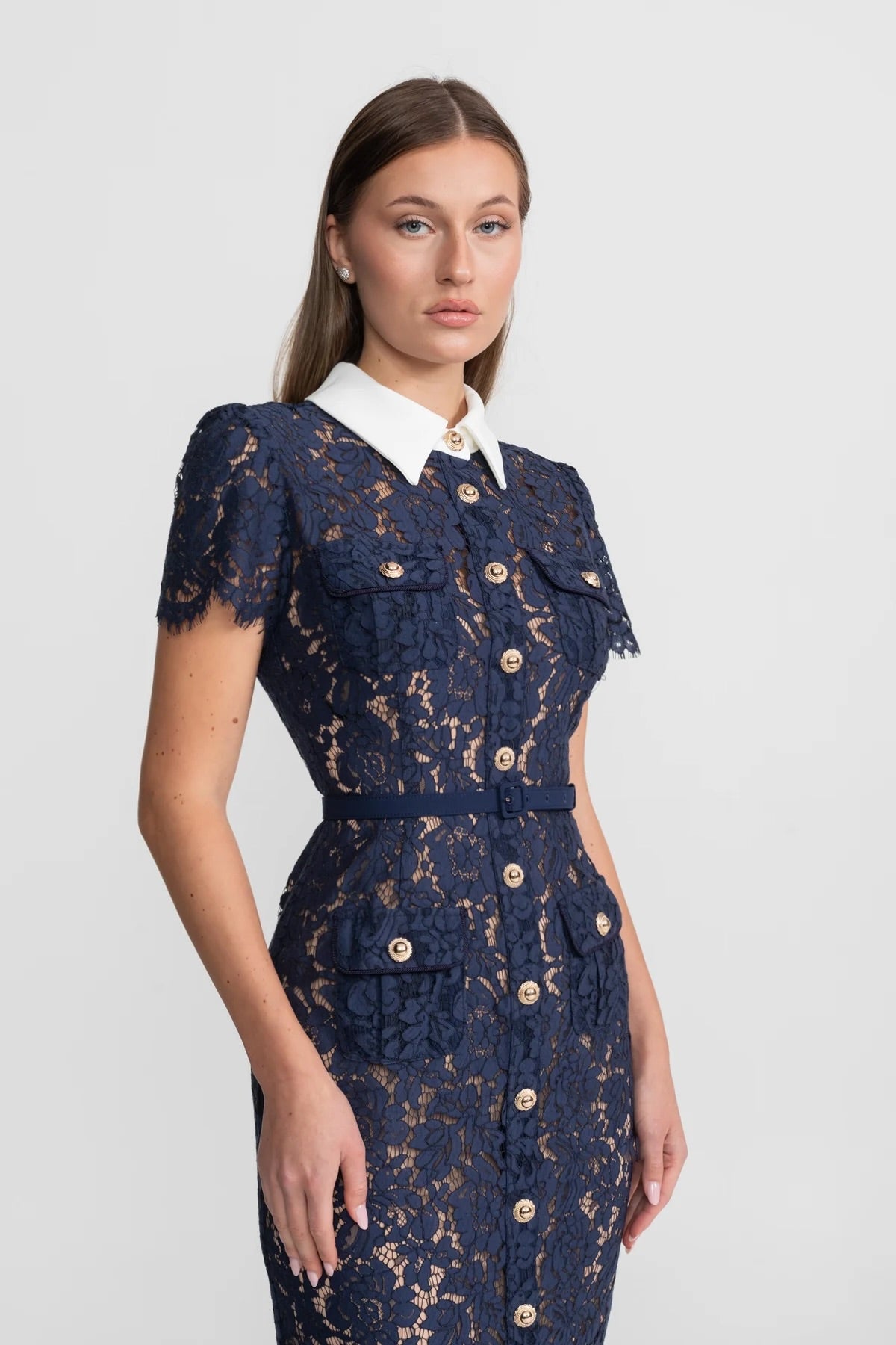 Rochie midi din dantelă florală cu guler croitorit și talie cu curea - Navy