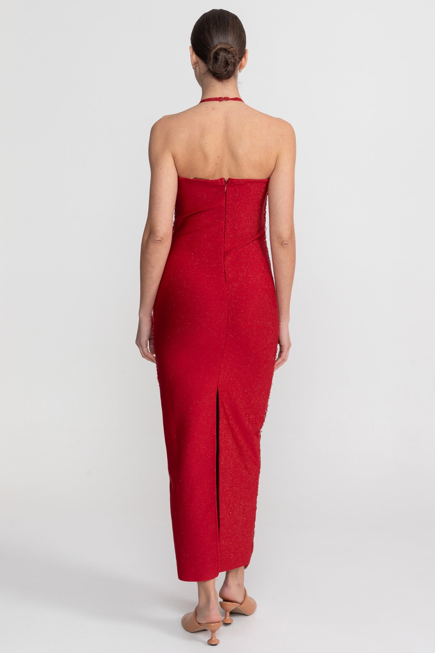 Rochie Midi cu Guler Halter și Textură Plisată Integrală - Roșu