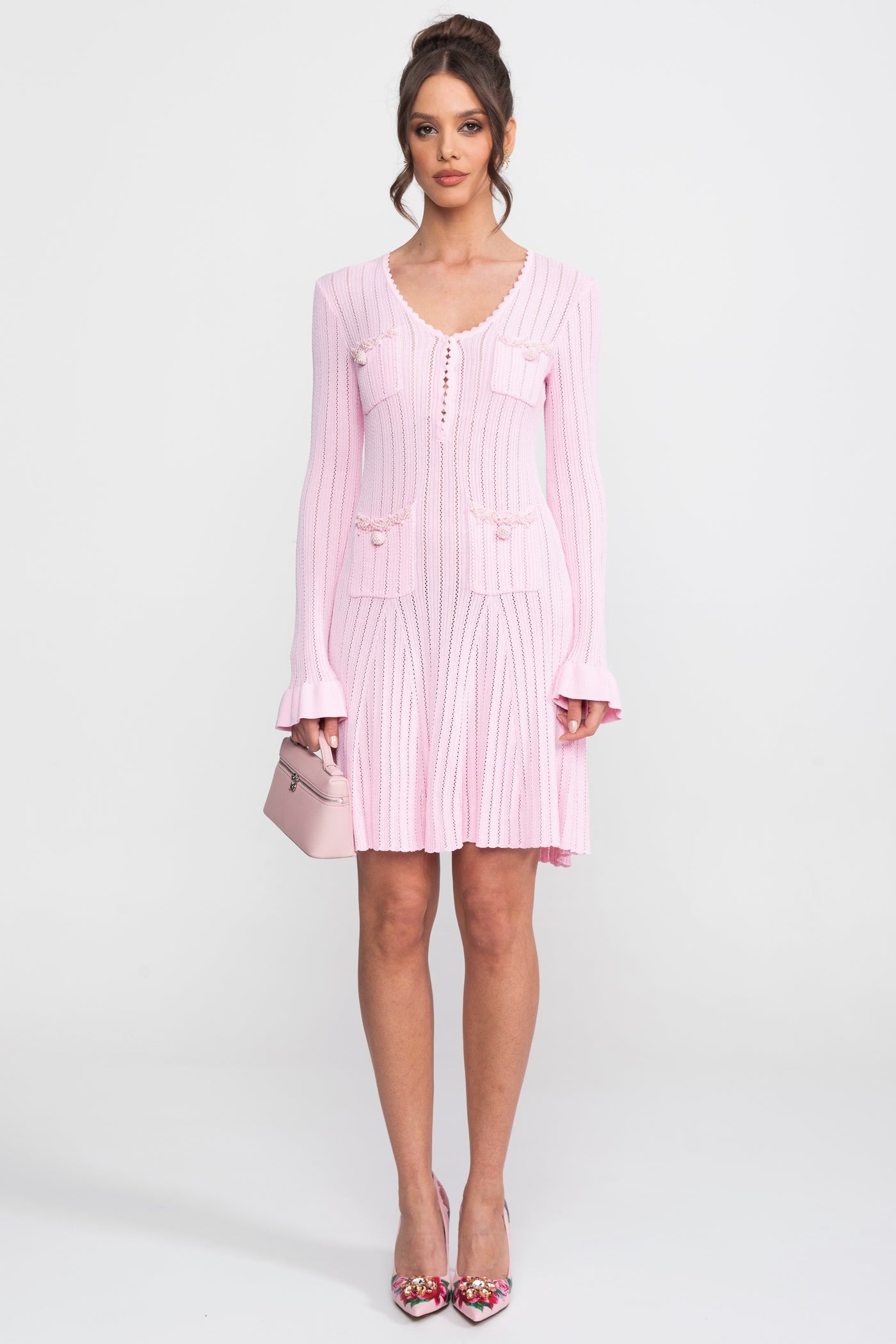 Open-Knit Mini Dress With Scallop Neck And Ruffle Cuffs - Pink