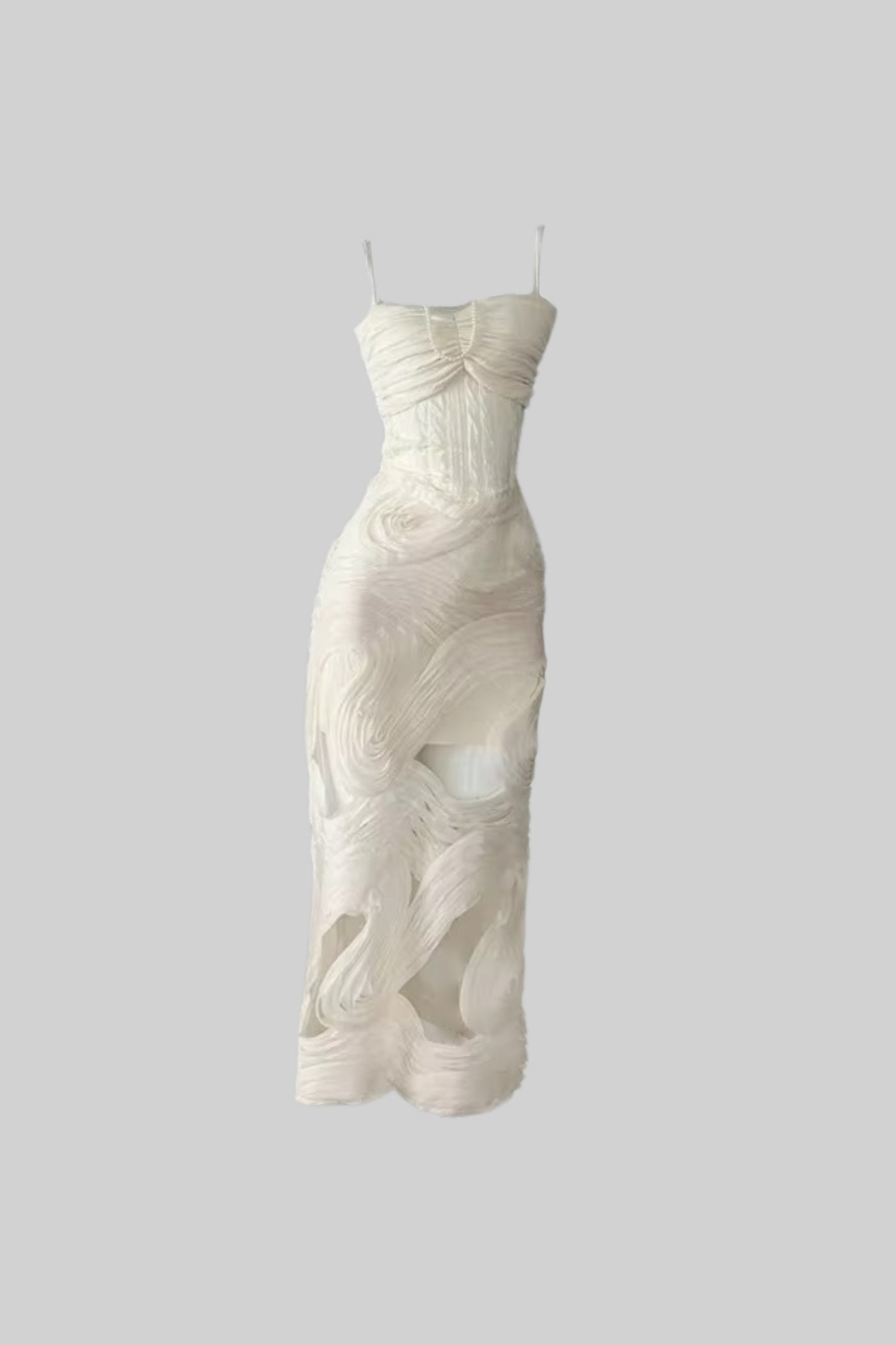Sleeveless Evening Gown With Intricate Swirling Textures And Sheer Base Material - Ivoire