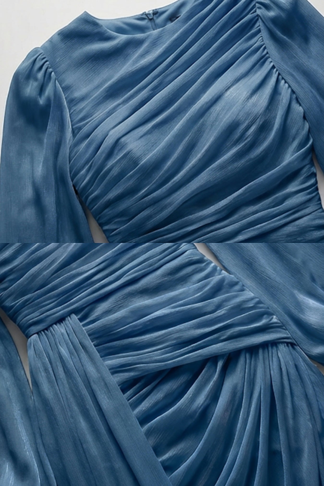 Draped Long-Sleeve Maxi Dress with Gathered Waist – Light Blue
