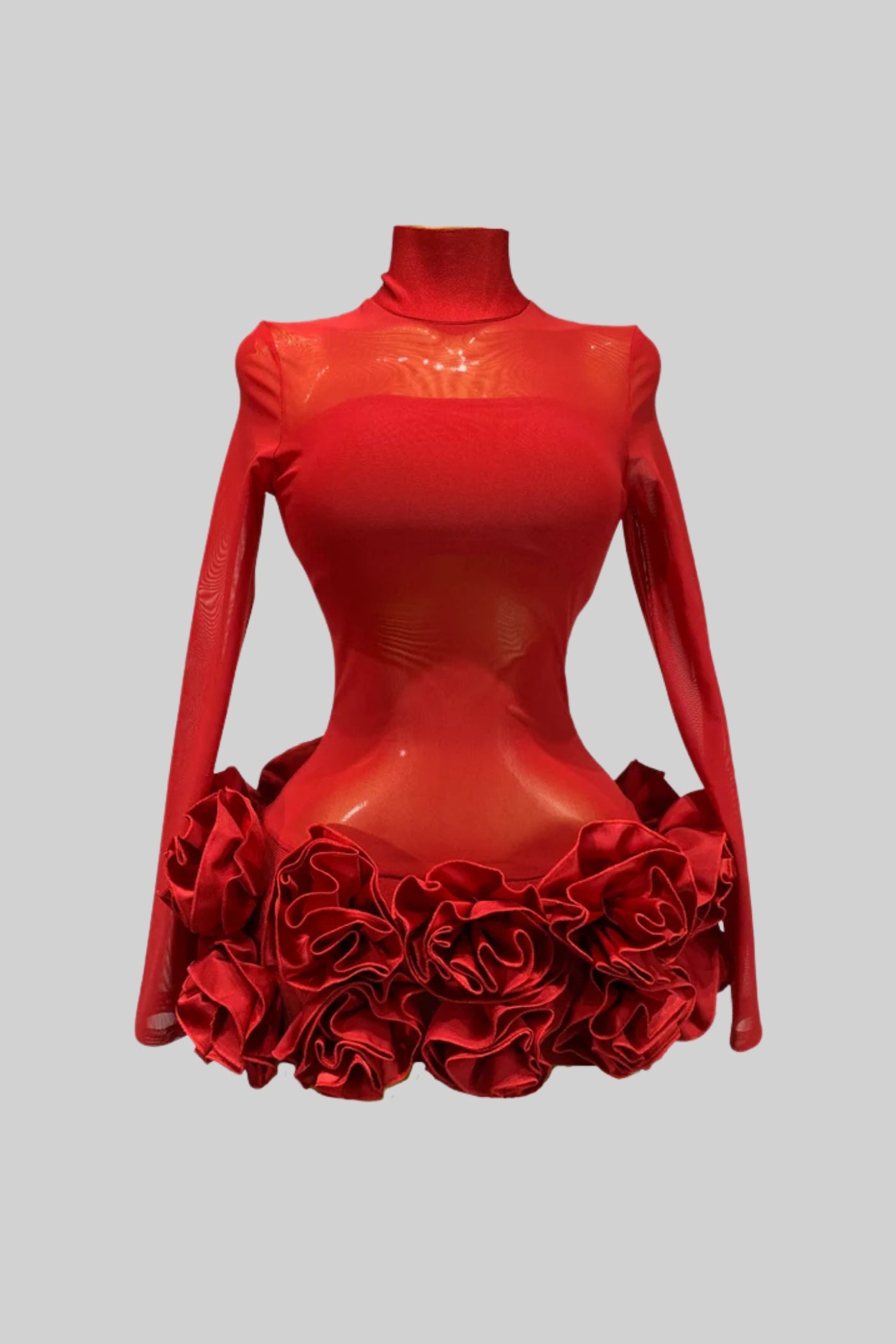 Rochie Mini Florală Transparentă cu Volănașe 3D la Poale – Roșu