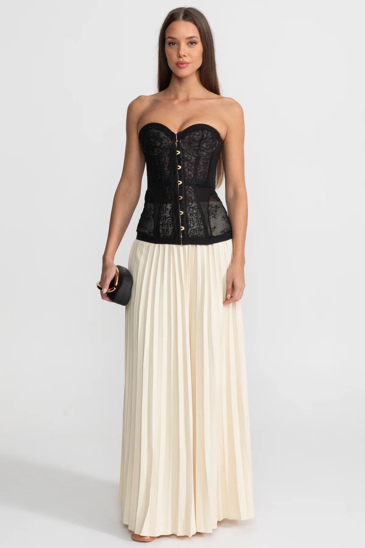 Top corset din dantelă fără bretele, cu armături și închidere frontală - Negru