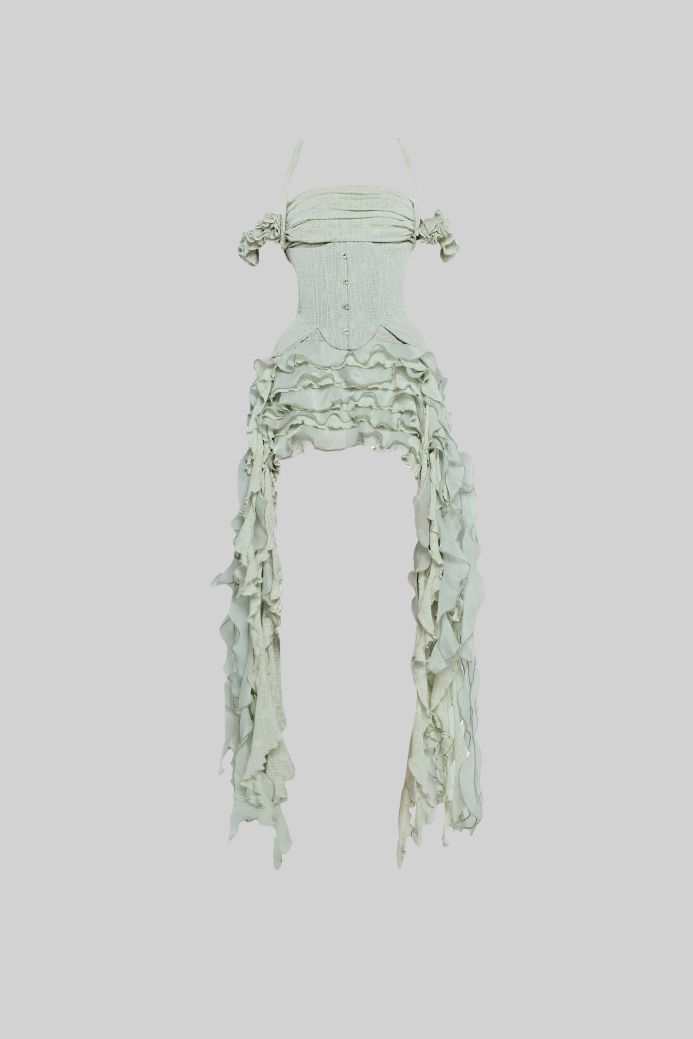 Vintage Inspired Corset Dress With Ruched Bustier And Flowing Ruffled Side Details - Green