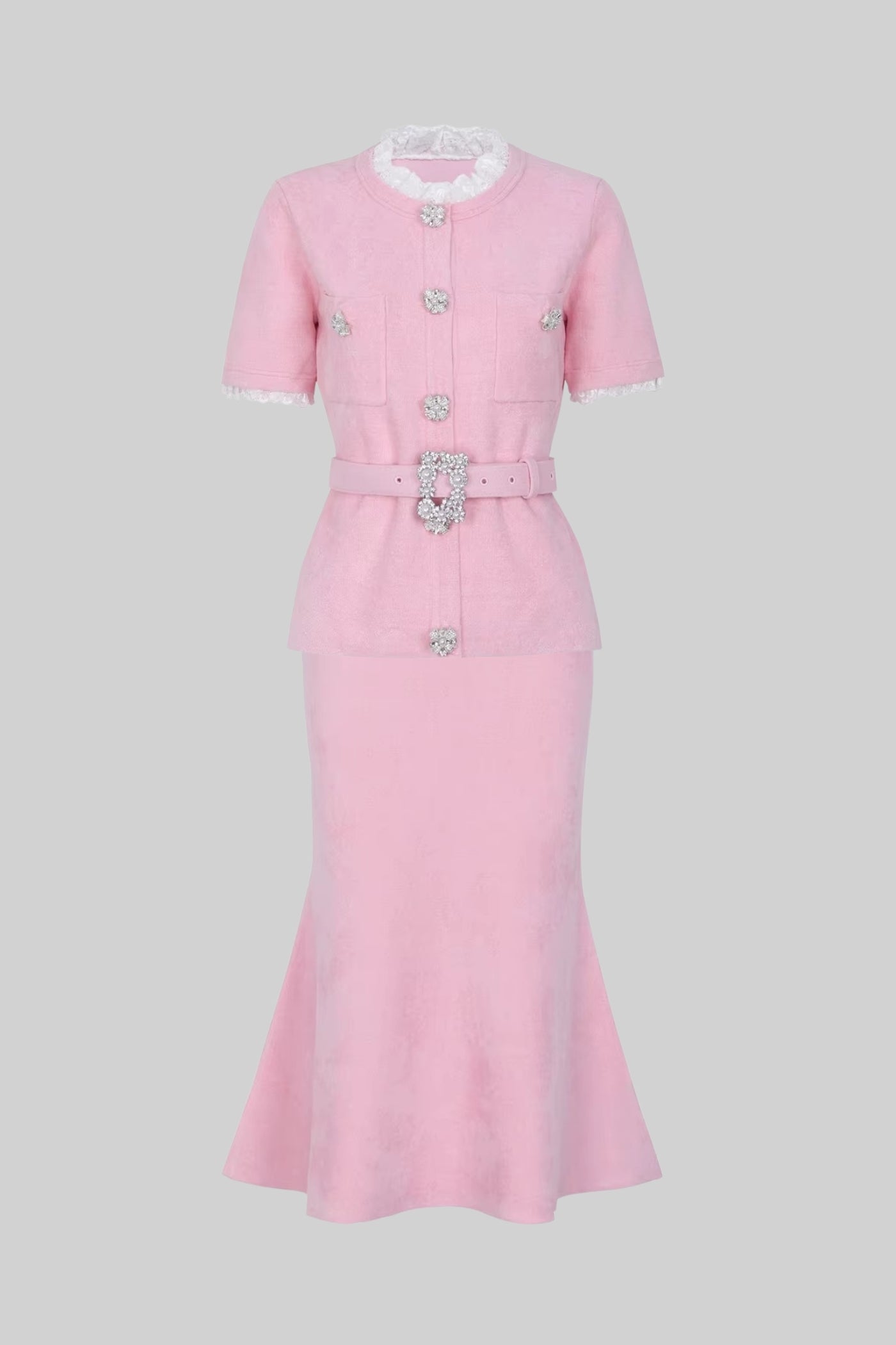 Short Sleeve Co-Ord With Peplum Waist And Crystal Button Belt - Blush Pink