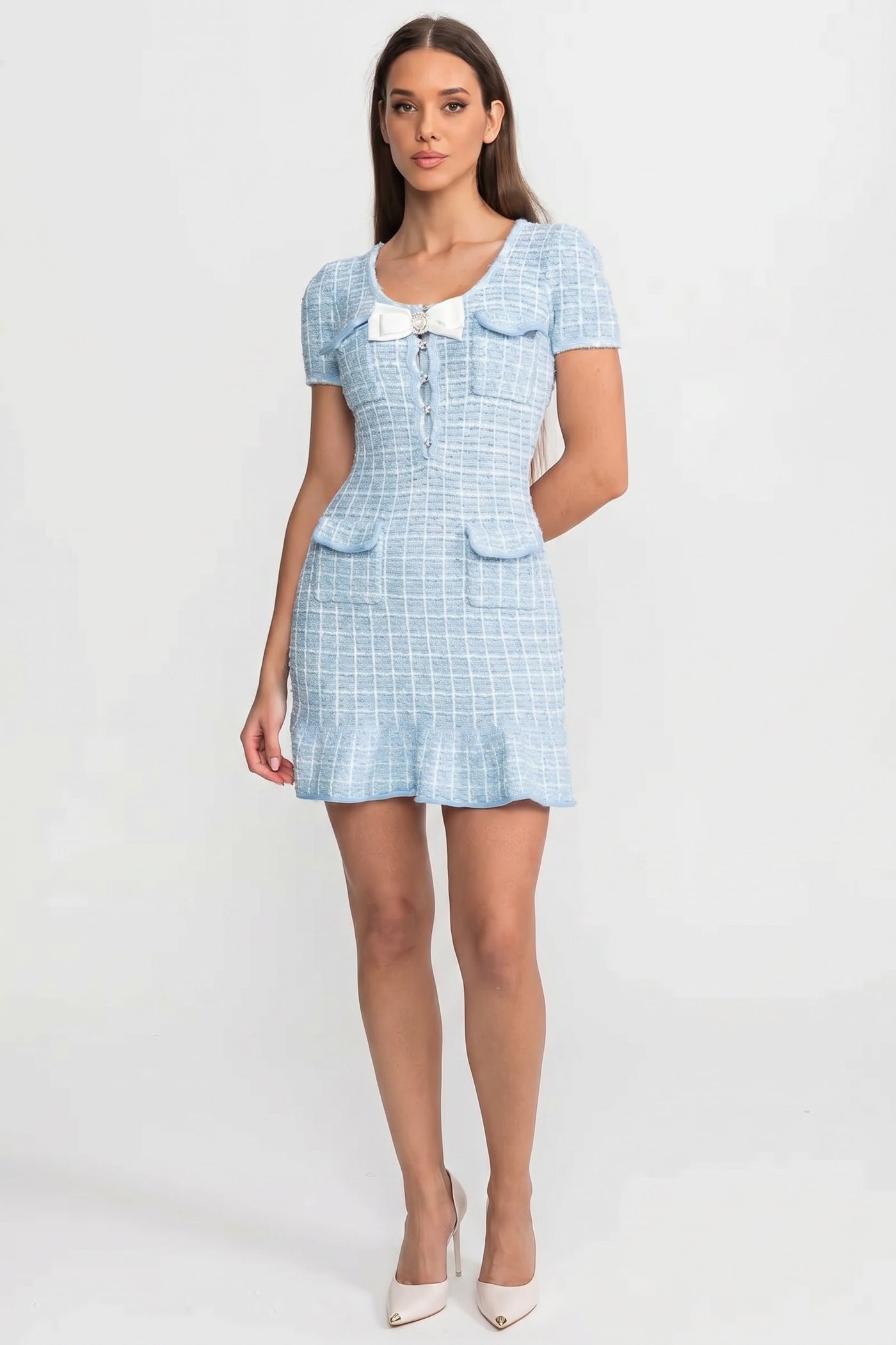 Rochie Mini din Tweed Texturat cu Detaliu de Fundă – baby blue