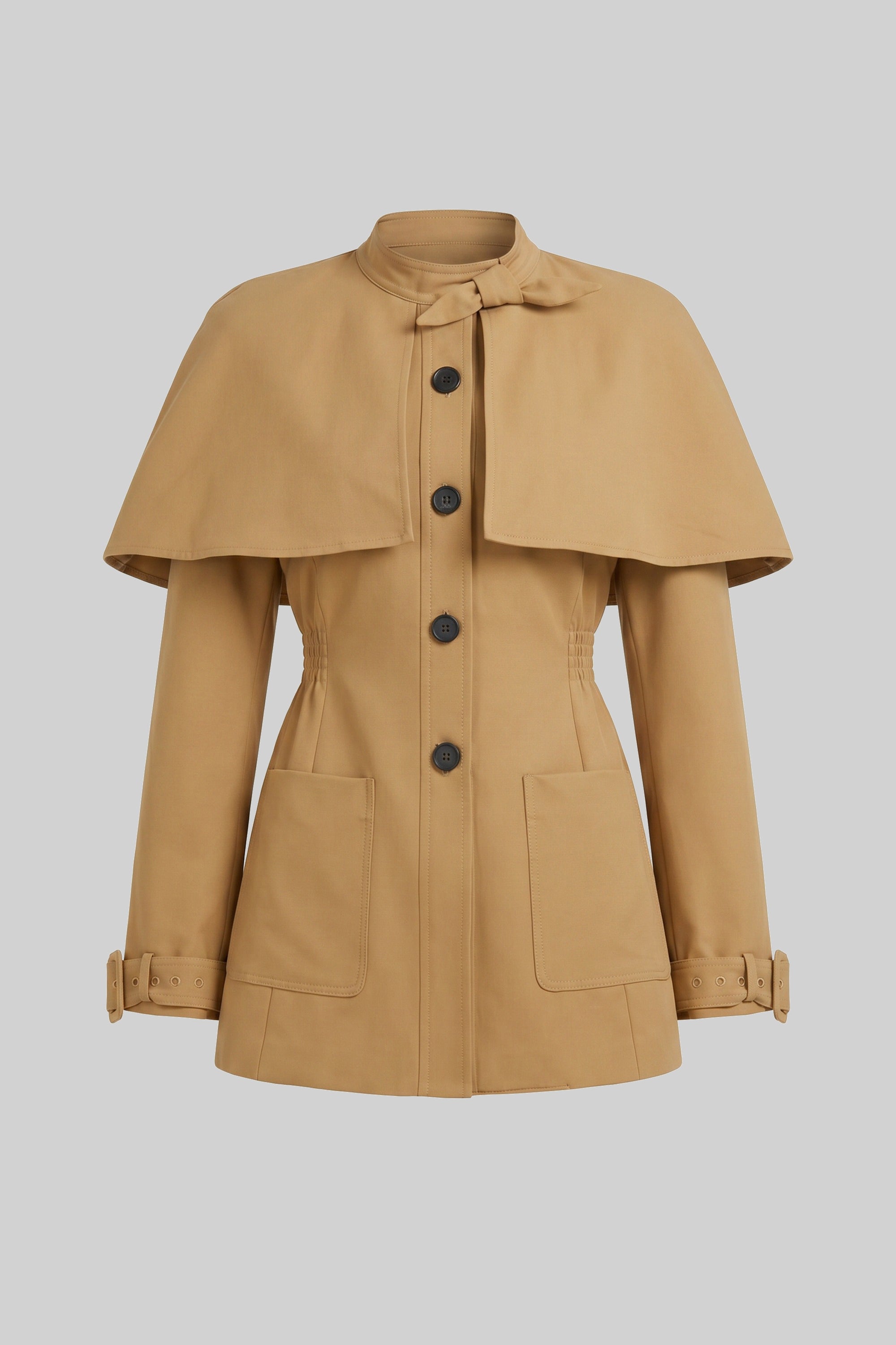 Rochie-palton cu nasturi în față și suprapunere structurată tip capă - Khaki