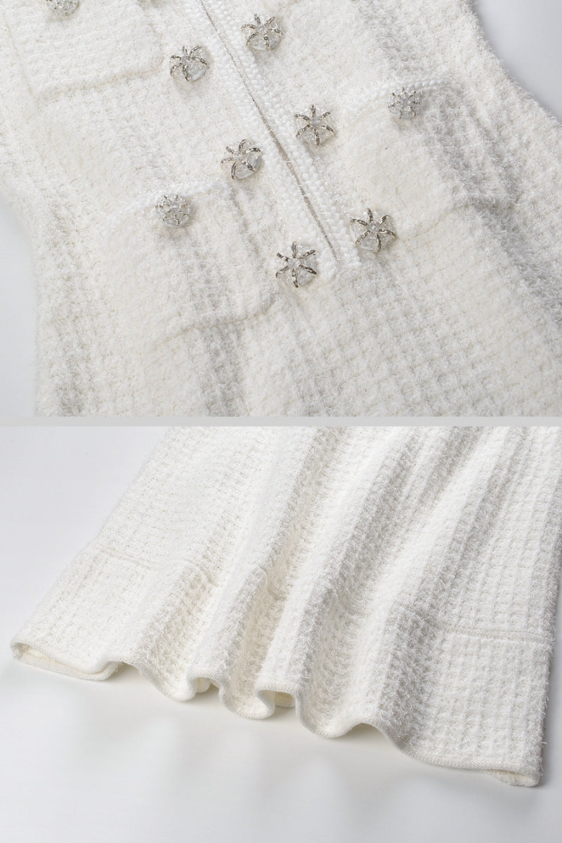 Rochie tricotată cu mâneci lungi, lungime până la genunchi - Albă