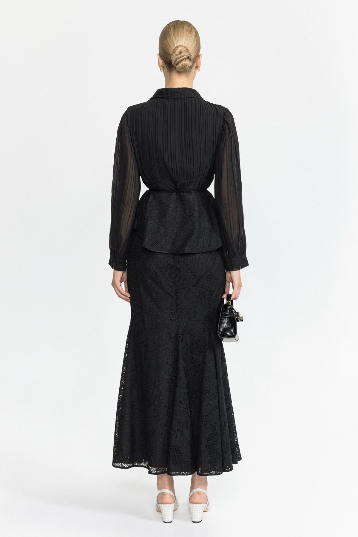 Set cu bluză peplum din șifon plisat și dantelă și fustă maxi - Negru