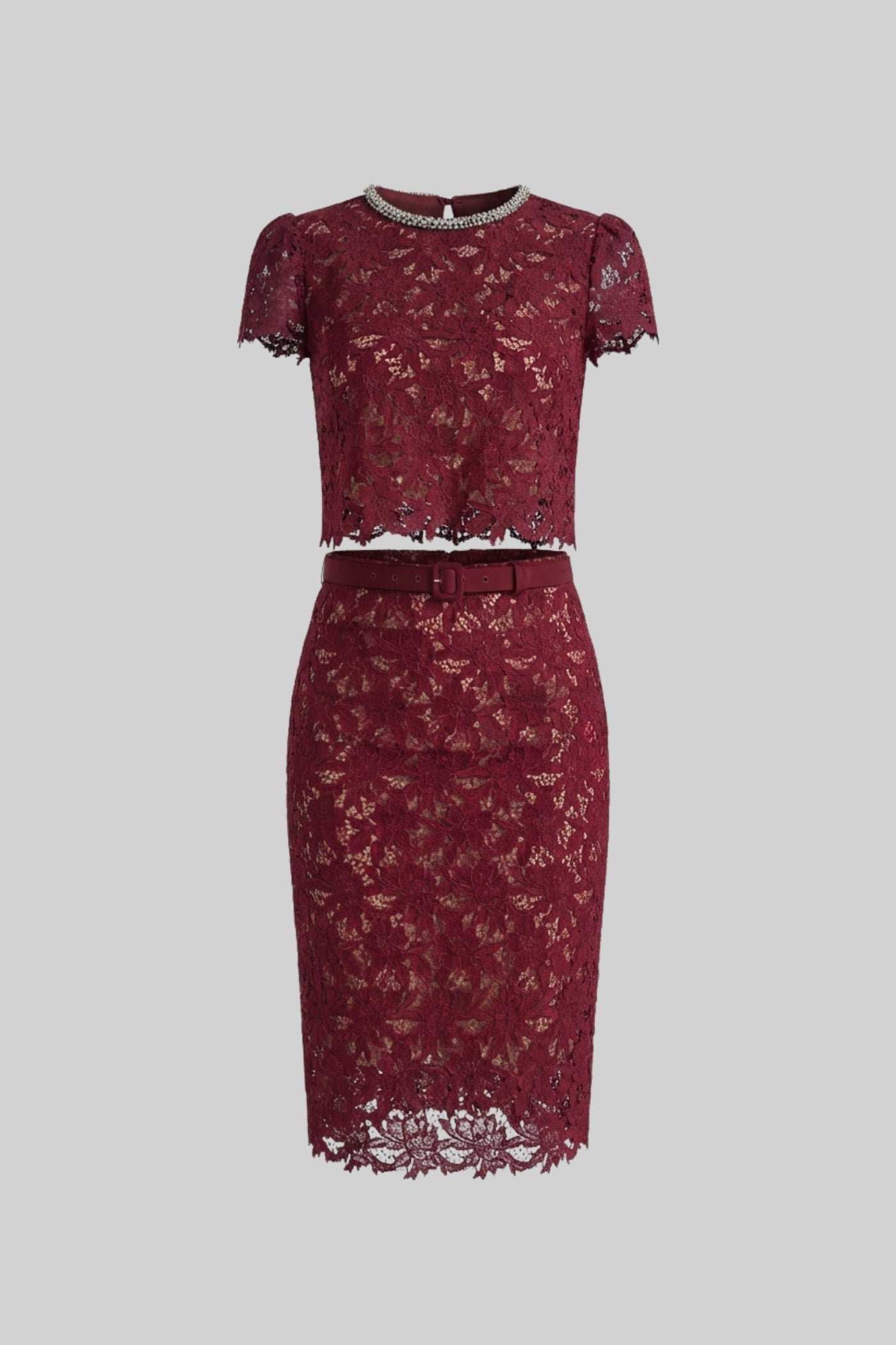 Lace Co-Ord Set With Short Sleeve Top And Crystal Embellished Neckline - Burgundy