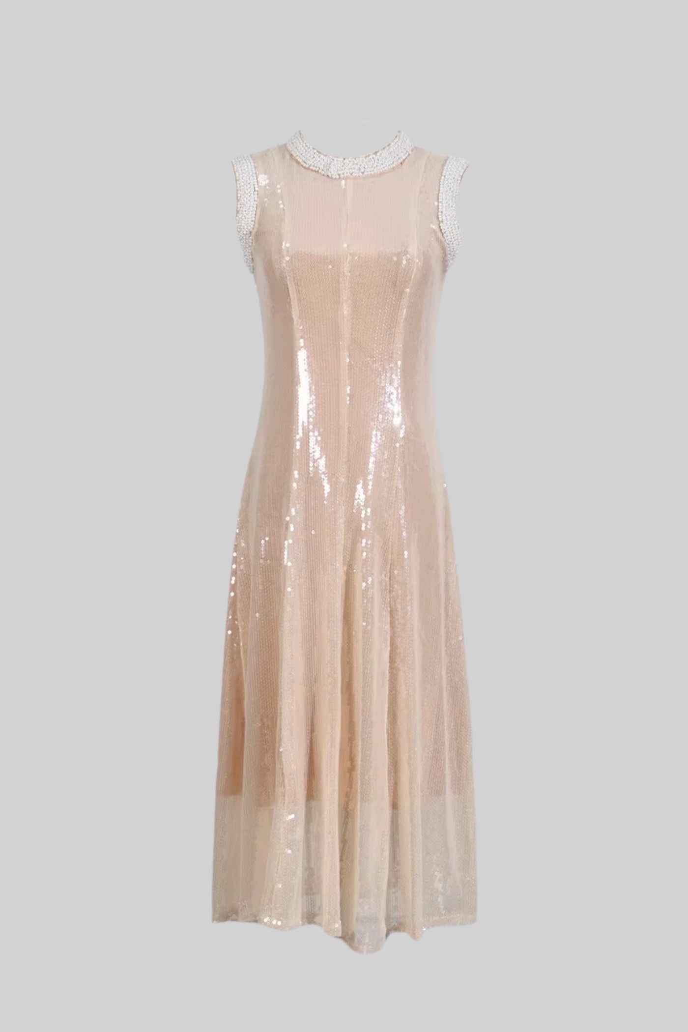 Elegant Sequin Dress With White Pearl Embellishments - Beige