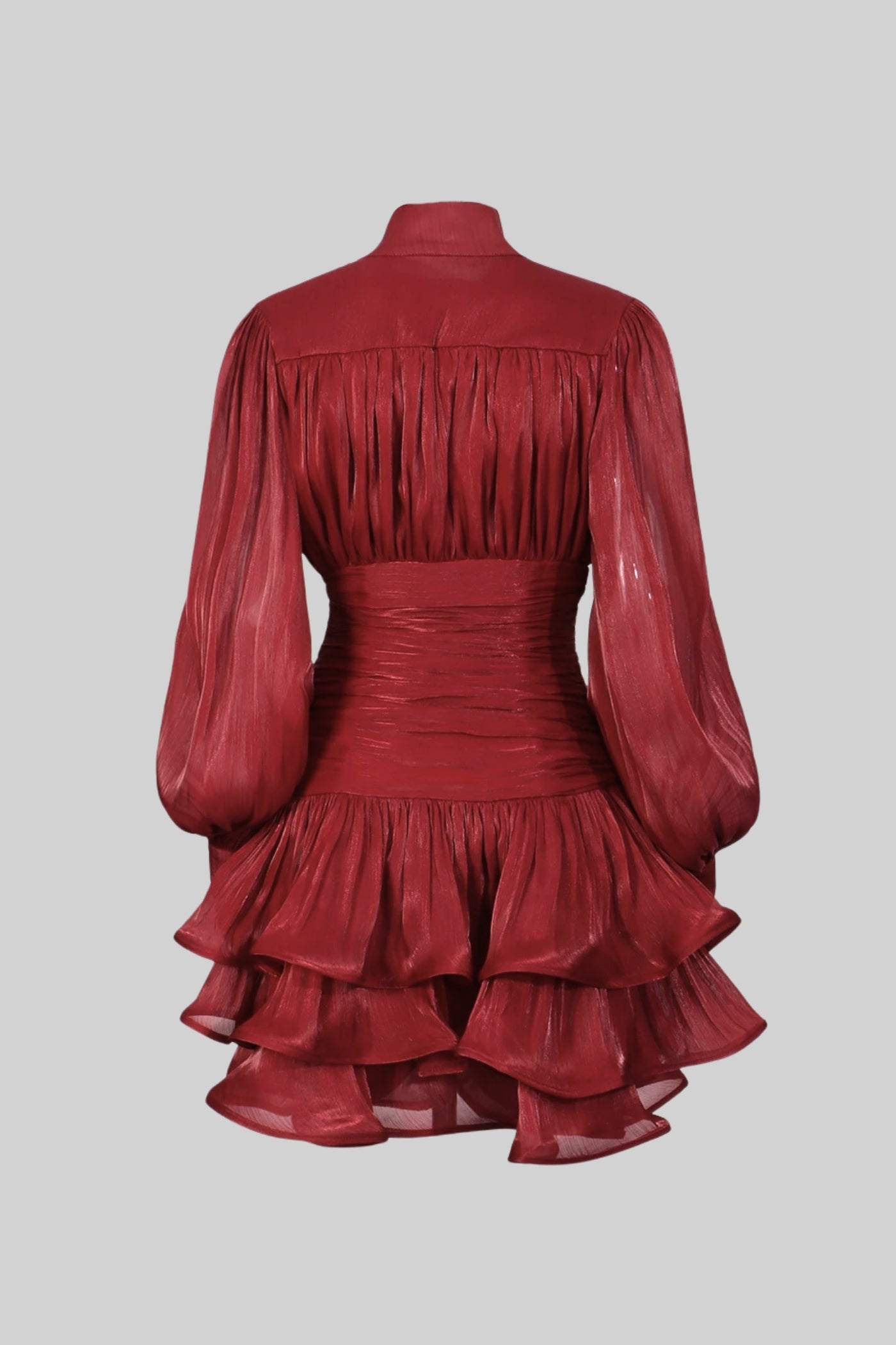 Draped Long Sleeve Mini Dress With Tiered Ruffle Skirt - Red