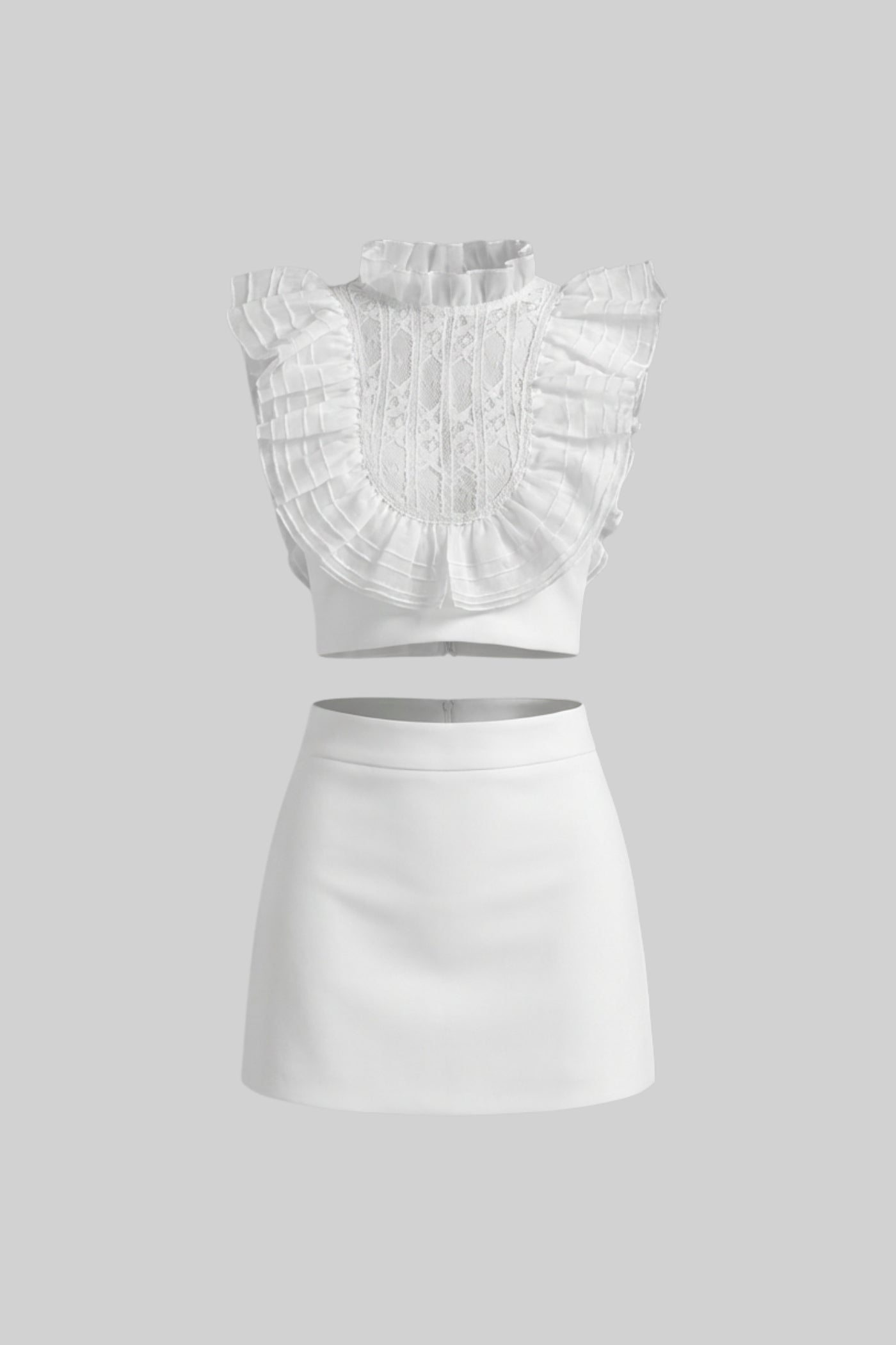 Sleeveless Co-Ord Set With Pleated Ruffle Bib Detail - White