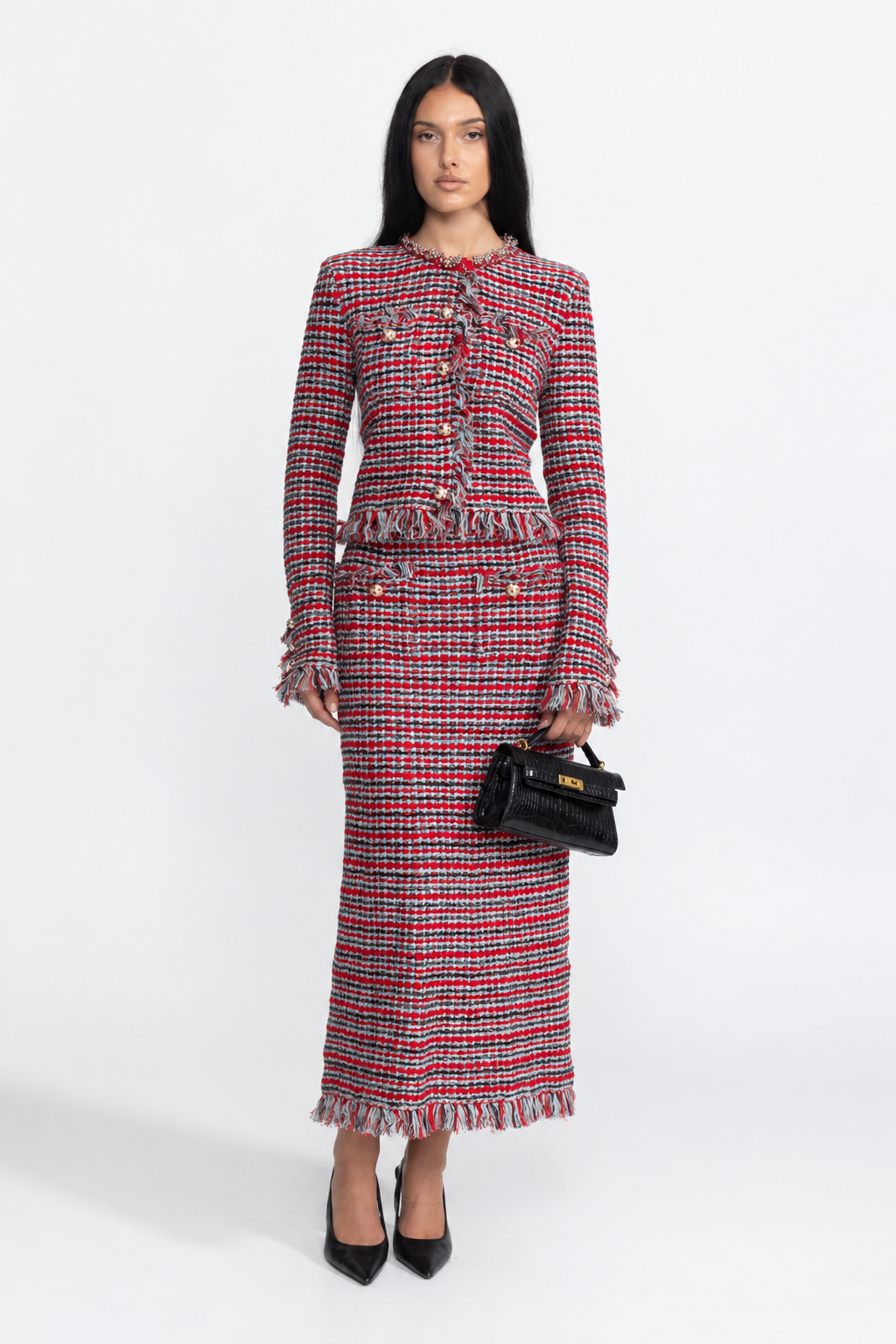 Set coordonat din jachetă din tweed cu franjuri și fustă midi - roșu multicolor
