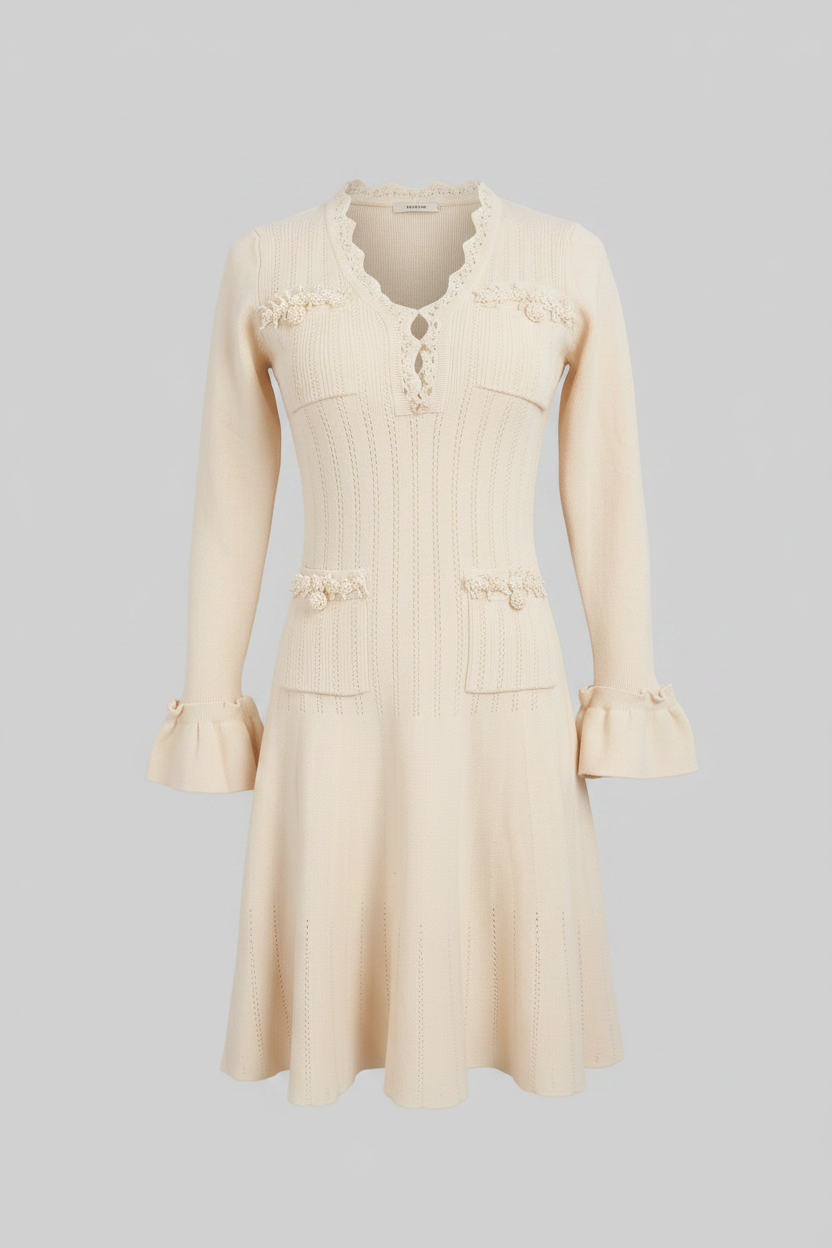 Long-Sleeve V-Neck Knit Mini Dress With Ruffle Hem And Bow Cuffs - Ivoire