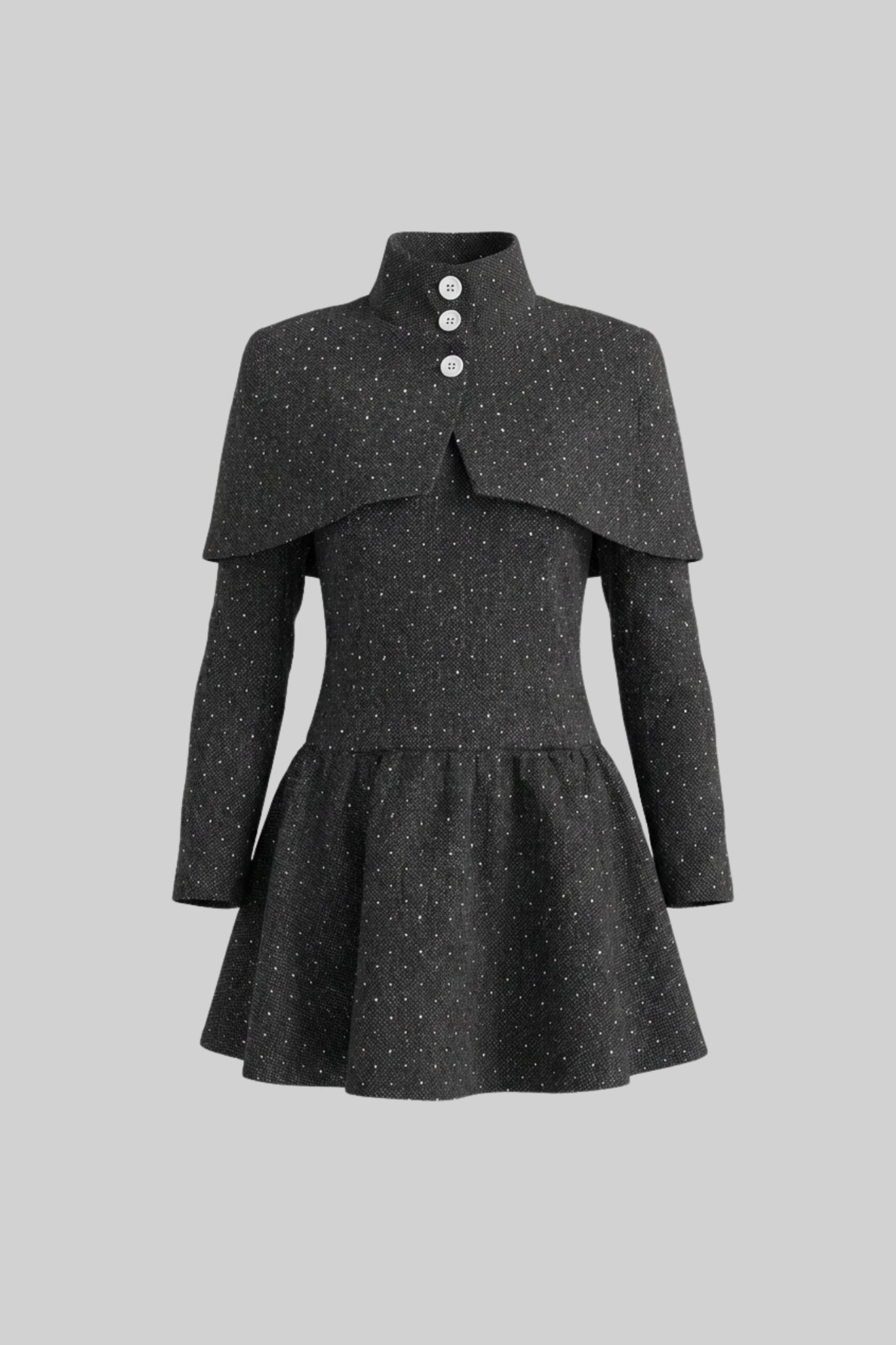 Long Sleeve Mini Dress With Detachable Cape Overlay - Charcoal