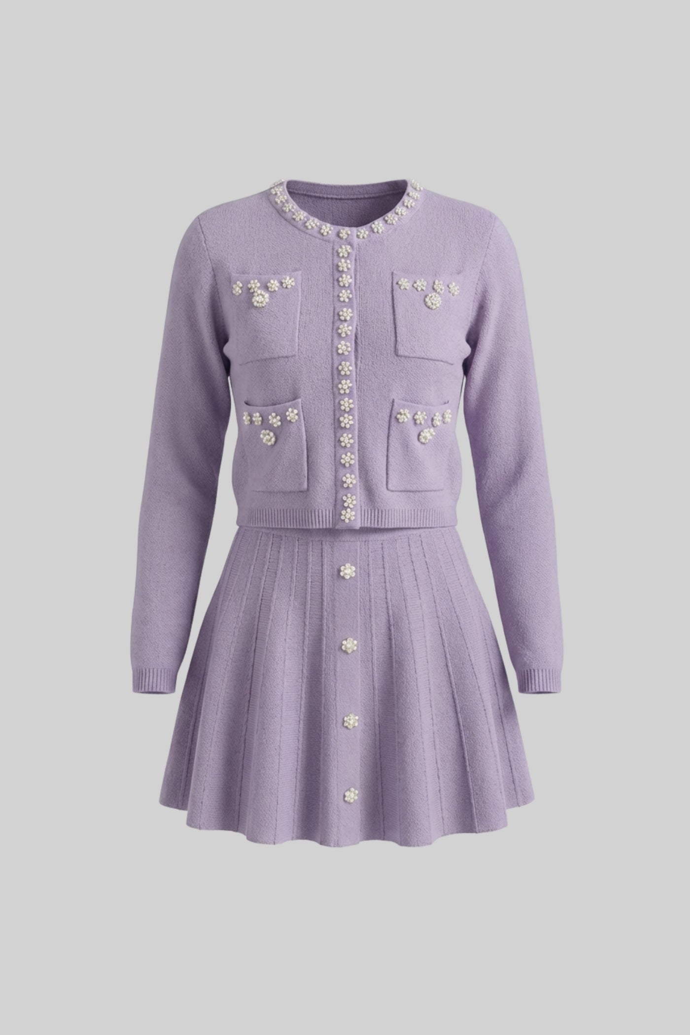 Knit Co-Ord Set With Long Sleeve Cardigan And Matching Mini Skirt - Lilac