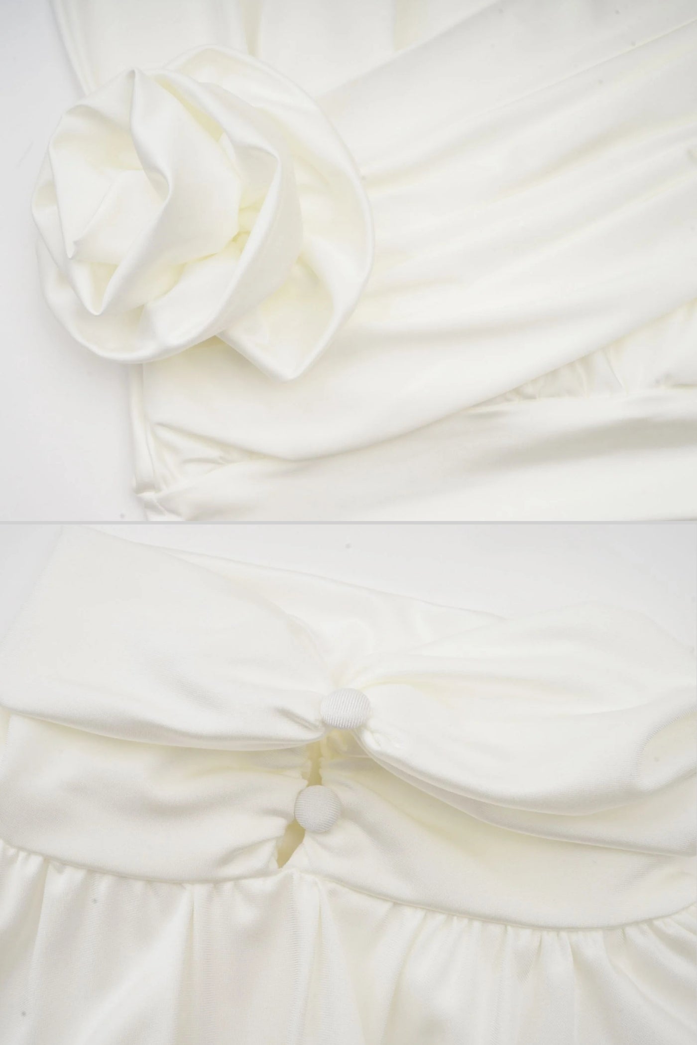 Rochie elegantă cu guler înalt, detalii drapate și ornament lateral cu trandafir - Ivoire