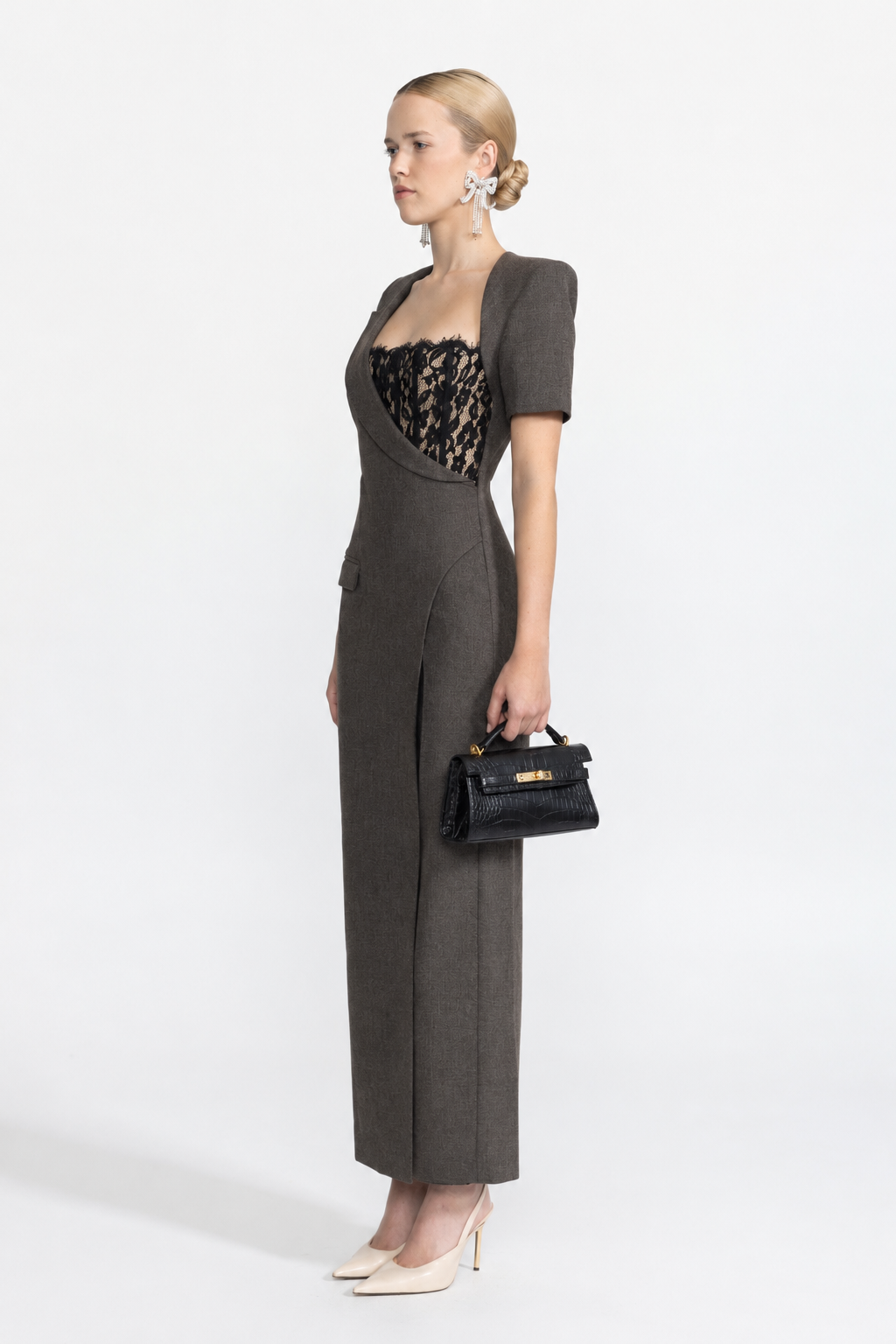 Rochie maxi tip blazer asimetrică cu bustieră din dantelă - Charcoal