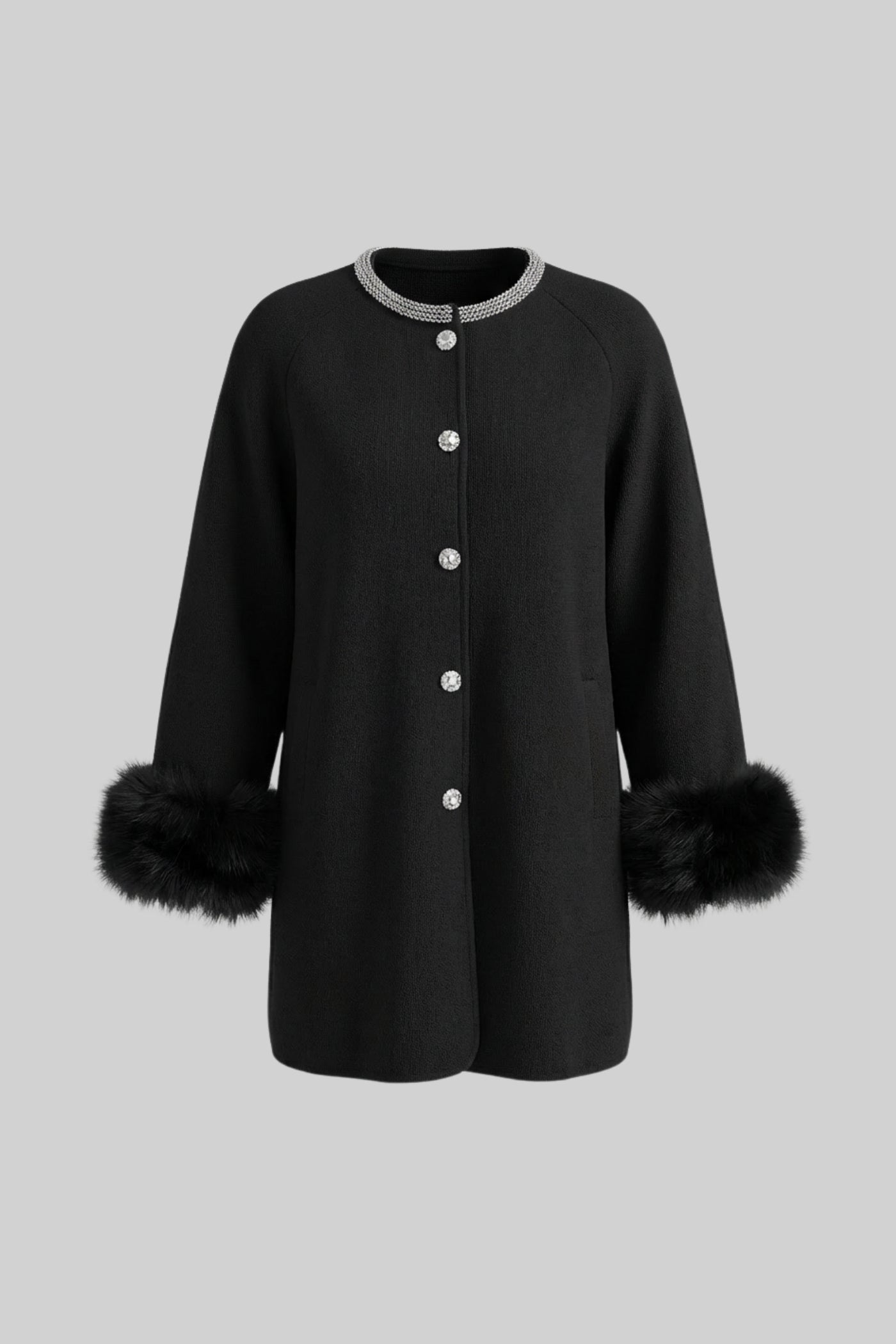 Longline Coat With Pearl Embellished Neckline And Fur Cuffs - Black