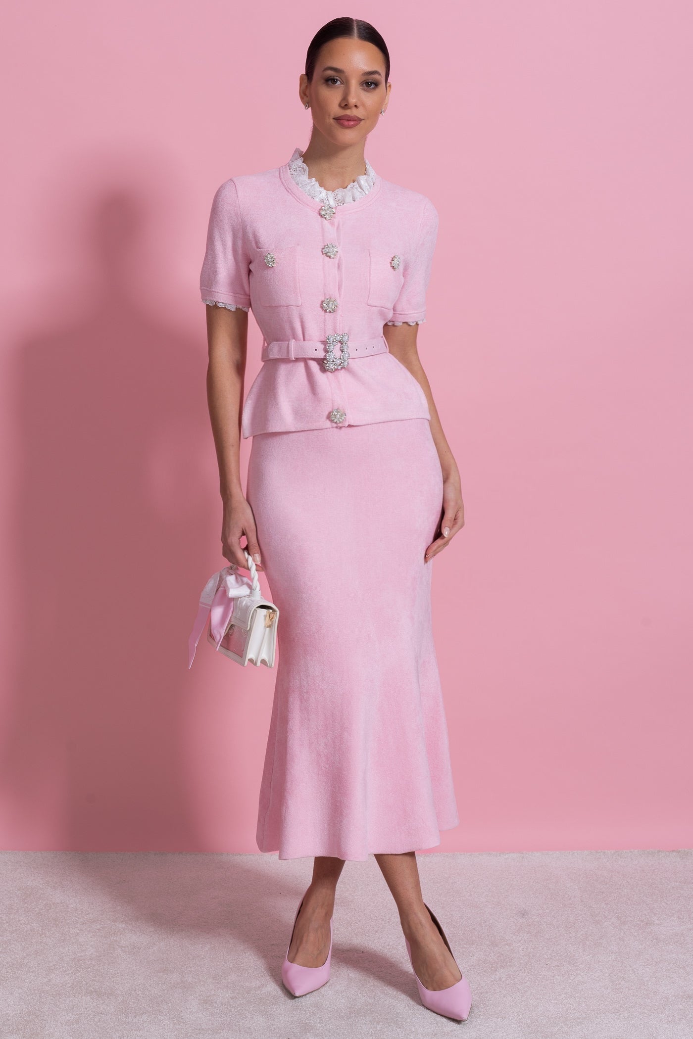 Set cu mânecă scurtă, talie peplum și curea cu nasturi din cristale - Blush Pink