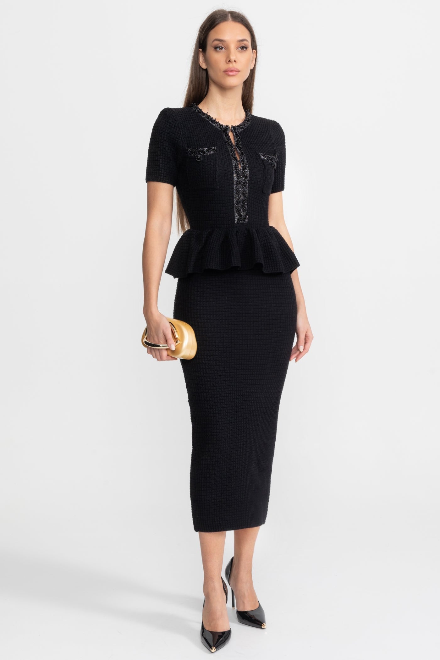 Rochie Midi Tricotată Texturată cu Detaliu Peplum în Talie – Negru