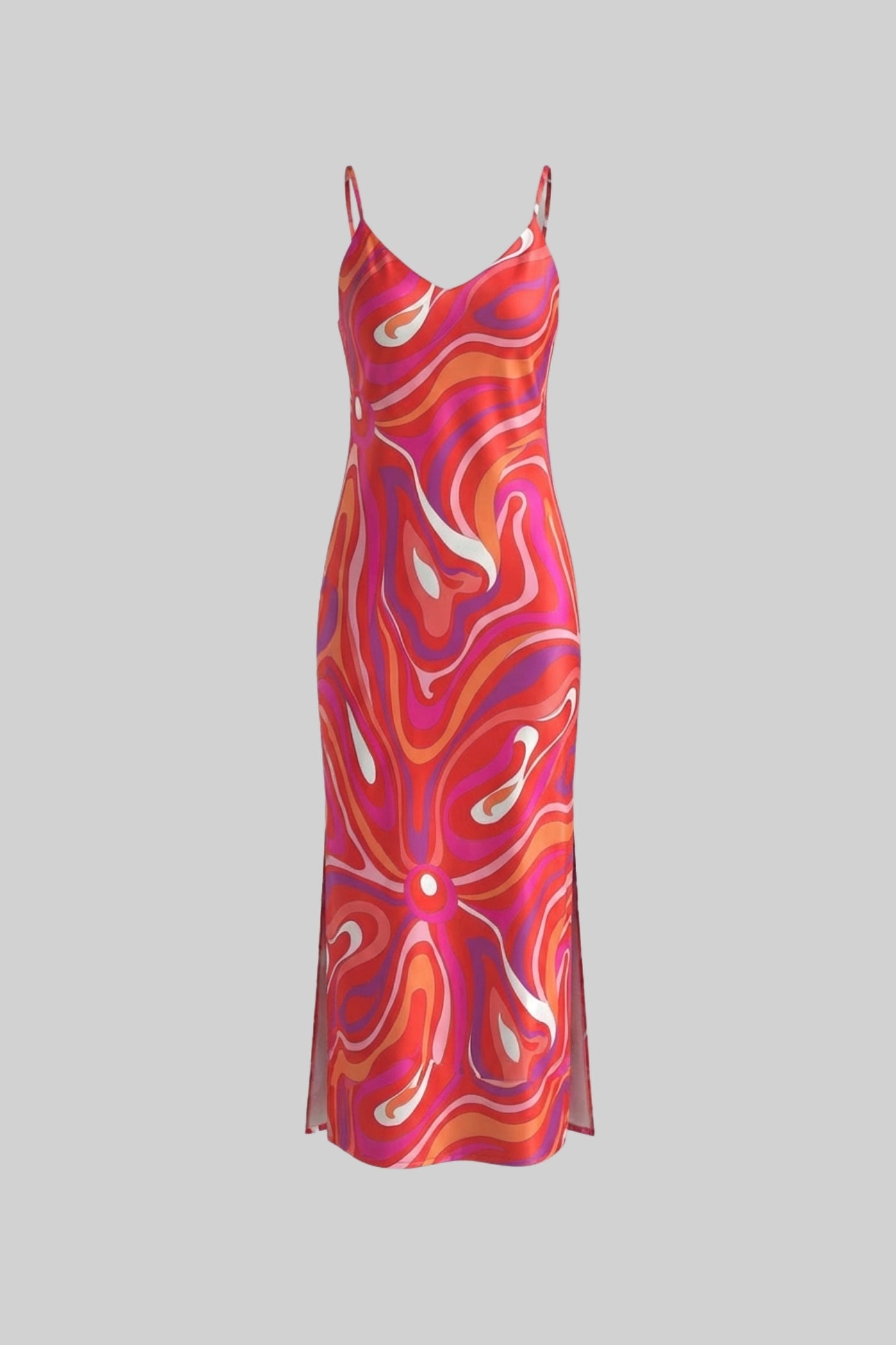 Printed Strappy Midi Dress With Abstract Swirl Pattern - Red