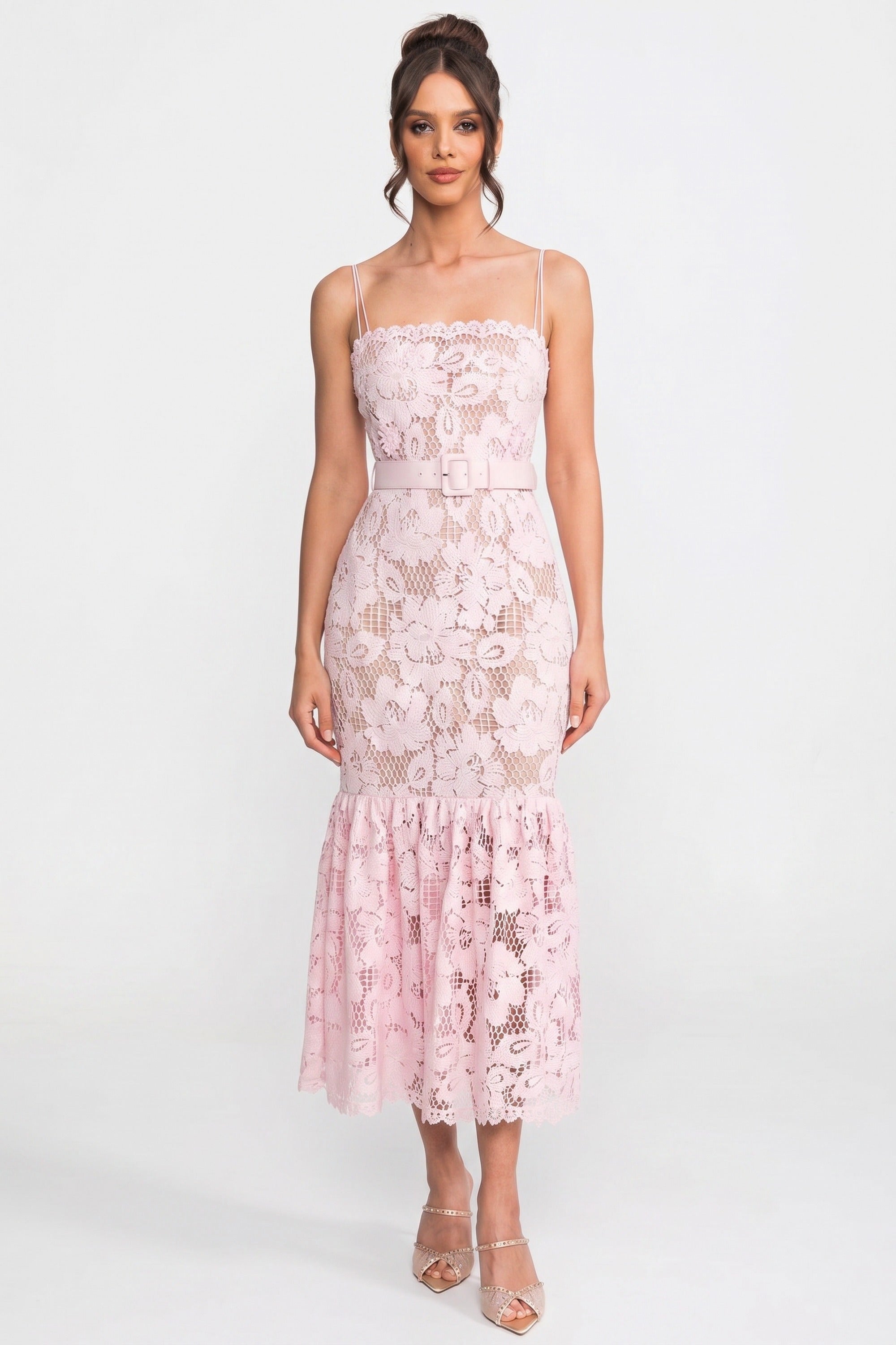 Lace Midi Dress With Belted Waist And Flounce Hem - Pink