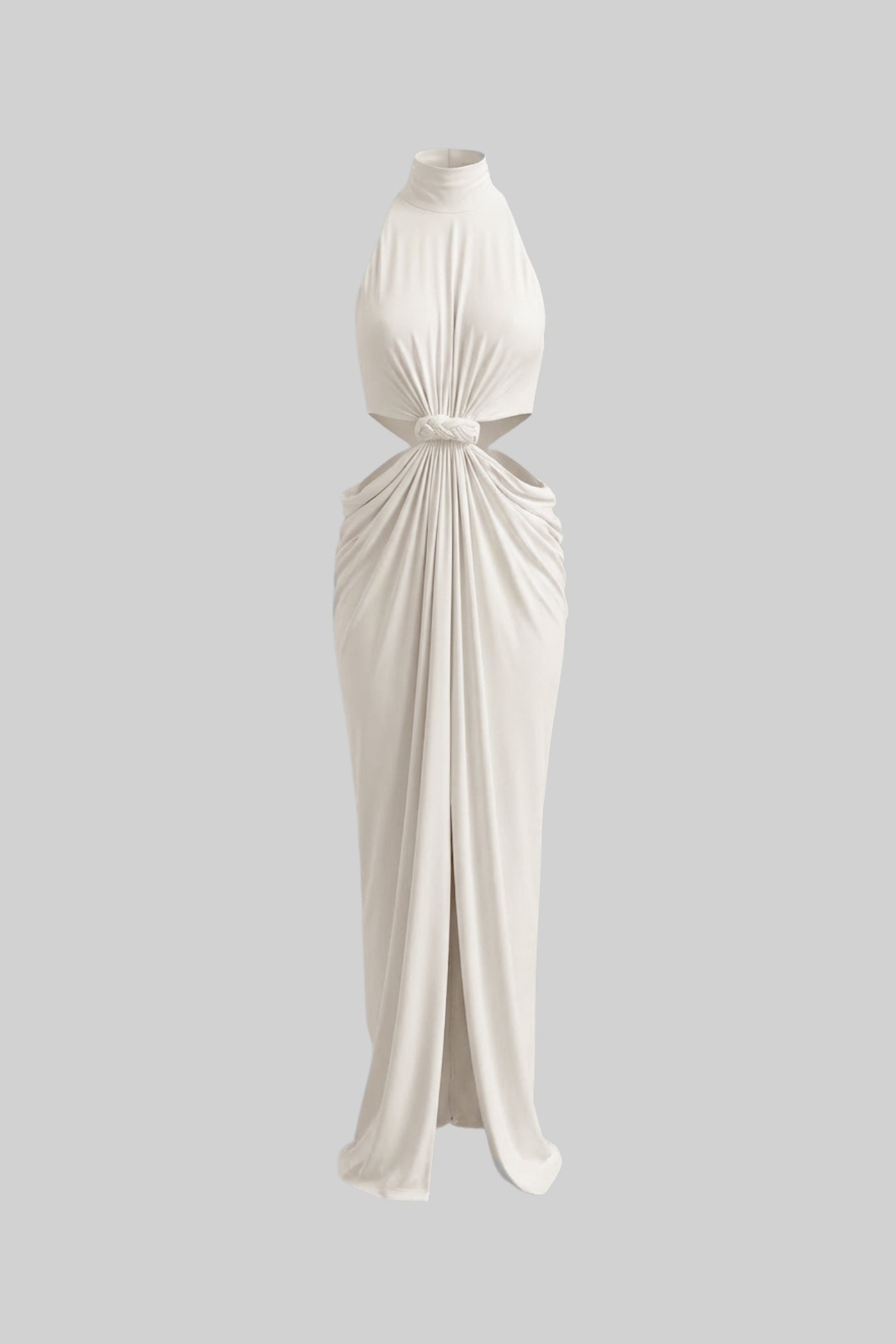 High Neck Halter Maxi Dress With Knotted Cut-Out Waist - Ivoire
