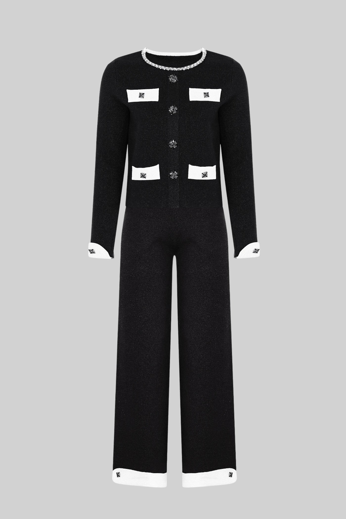 Set tricotat cu mâneci lungi, cu garnitură contrastantă și ornamente sclipitoare - Negru