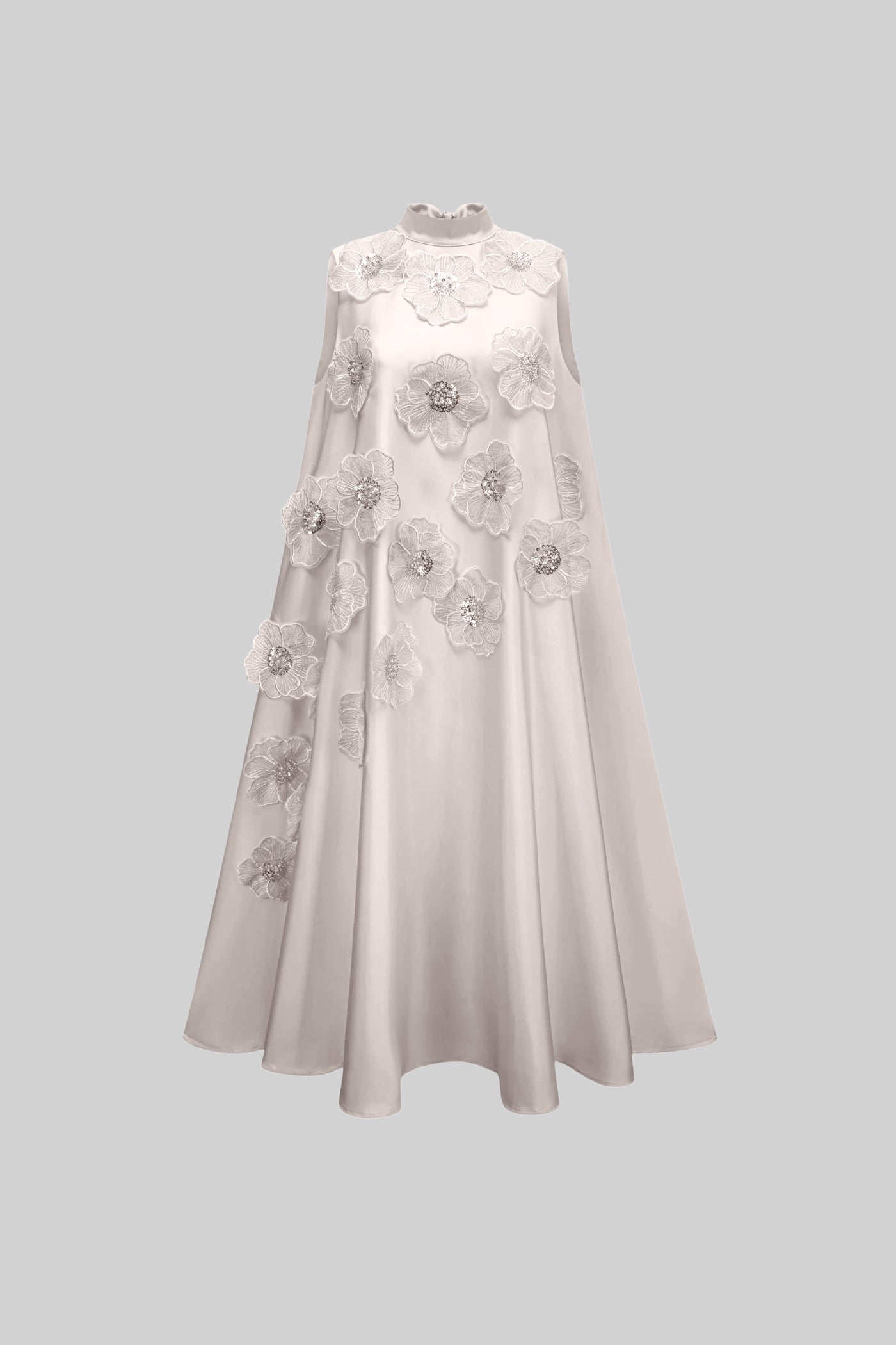 Sleeveless Floral A-Line Dress With High Collar And Textured Embellishments - White