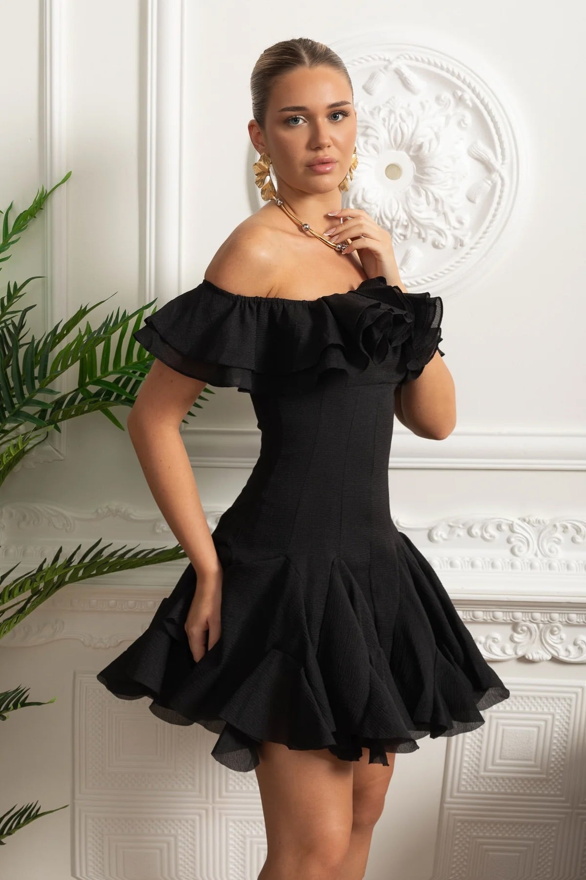 Off-Shoulder Mini Dress with Ruffled Organza Trim - Black