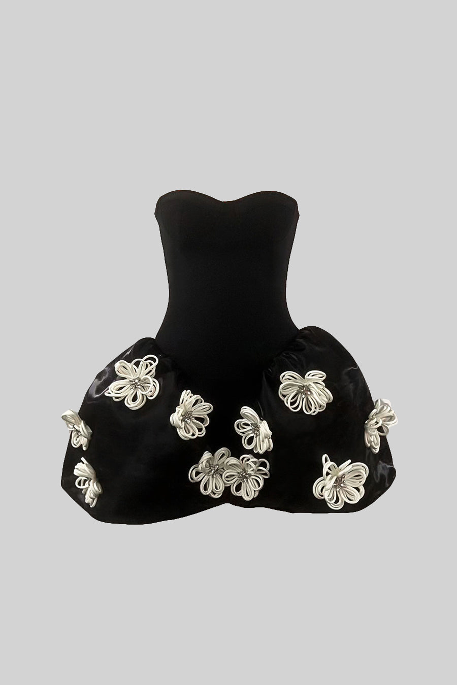 Rochie Mini Elegantă cu Aplicatii 3D de Flori Argintii - Negru