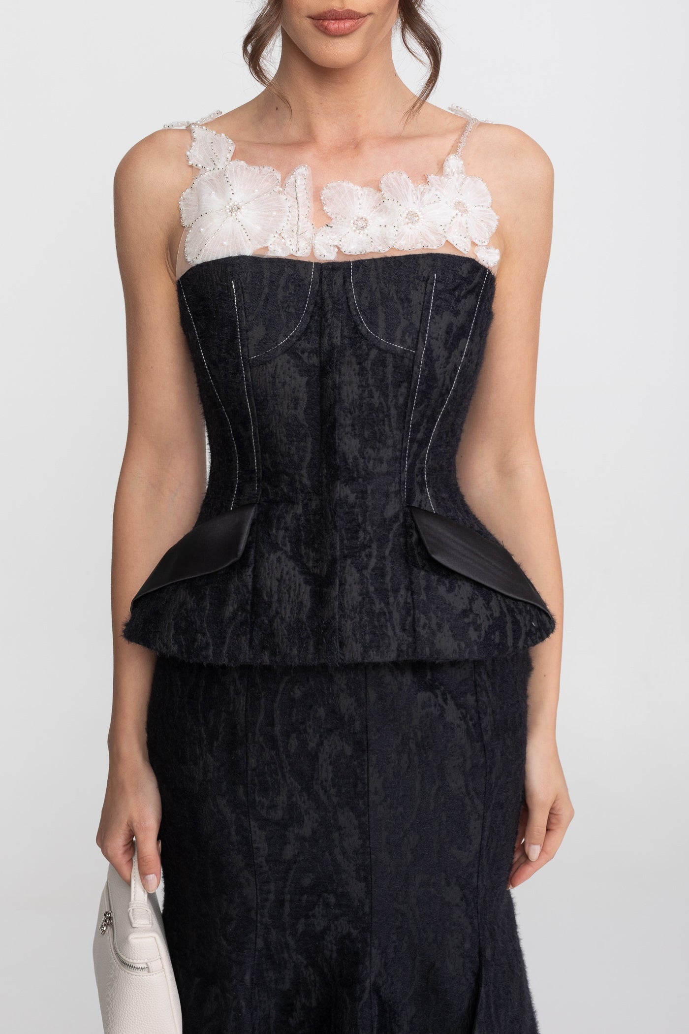 Jacquard Maxi Set With Sheer Floral Neckline And Peplum Waist - Black