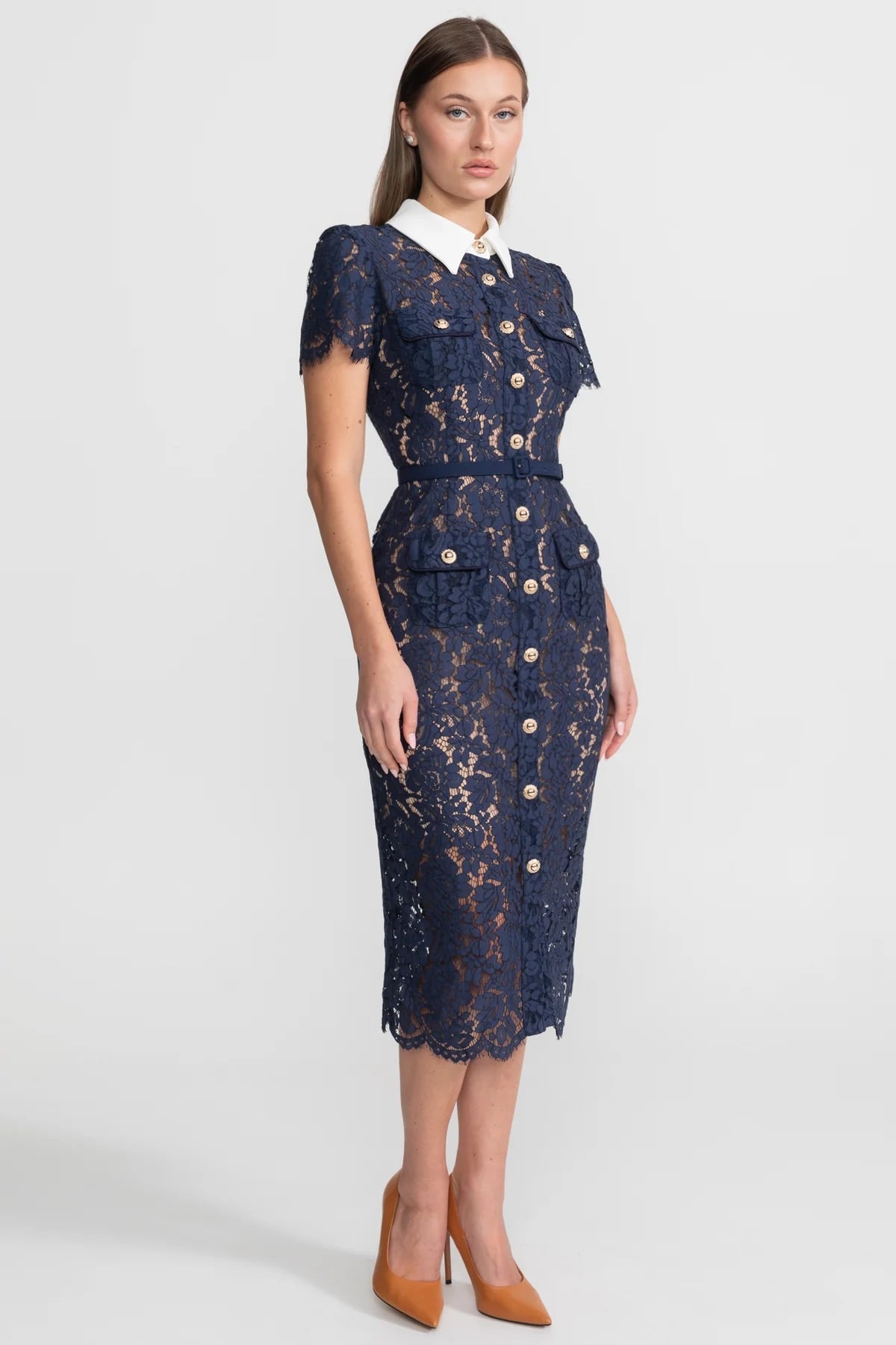 Floral Lace Midi Dress with Tailored Collar and Belted Waist - Navy