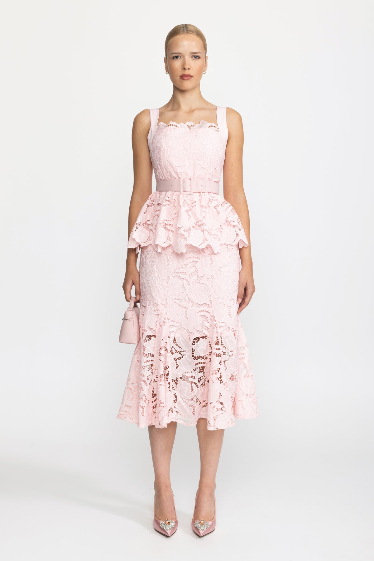 Guipure Lace Peplum Midi Dress - Pink