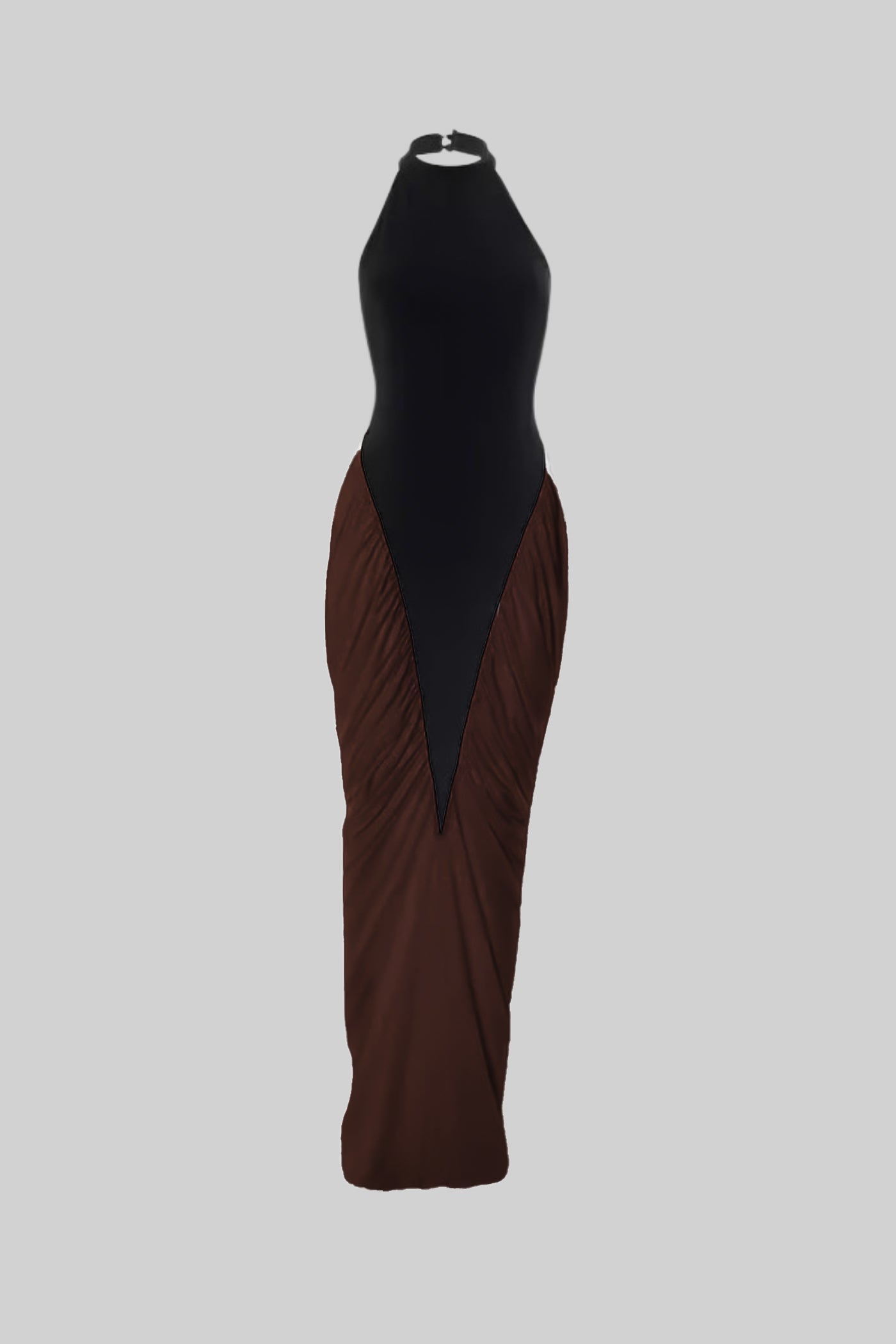 Rochie maxi cu gât halter și panouri contrastante cu pliseuri - Negru/Maro