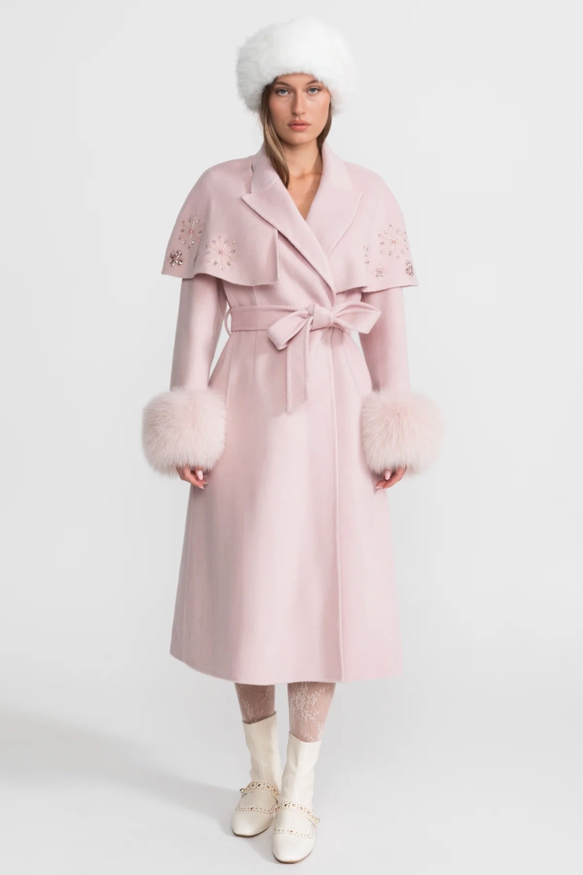 Embellished Wool Coat with Fox Fur Cuffs And Cape Overlay - Pink