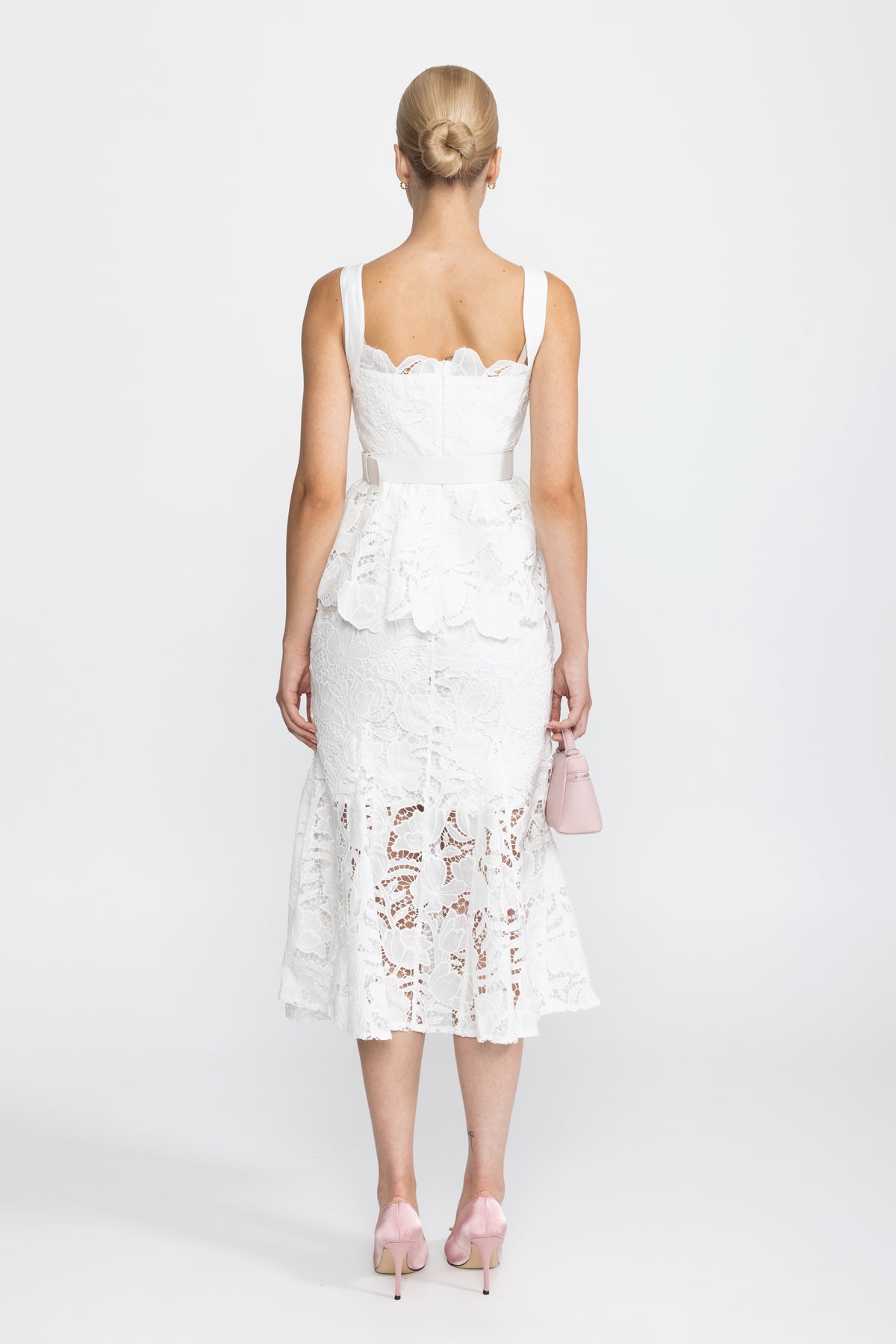 Guipure Lace Peplum Midi Dress - White
