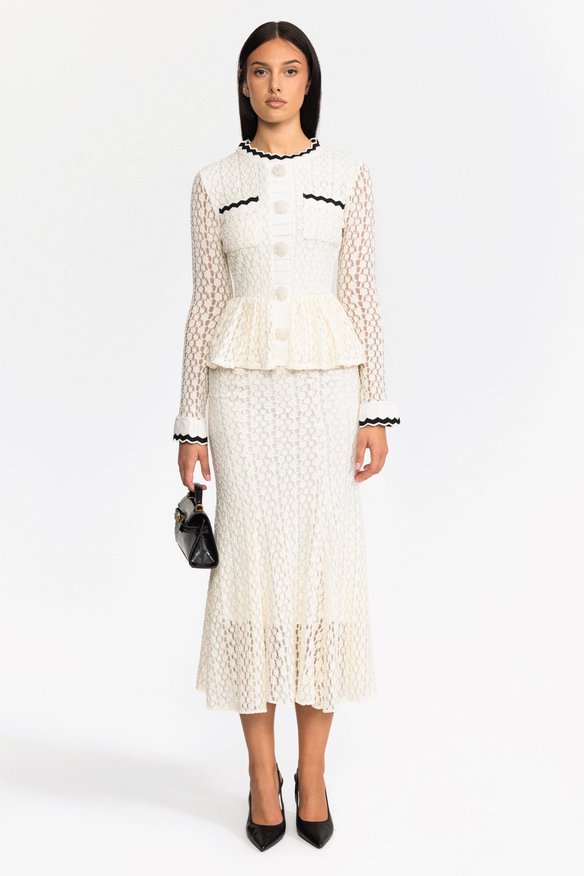 Rochie midi peplum din tricot croșetat, cu bordură ric-rac - alb ivoire
