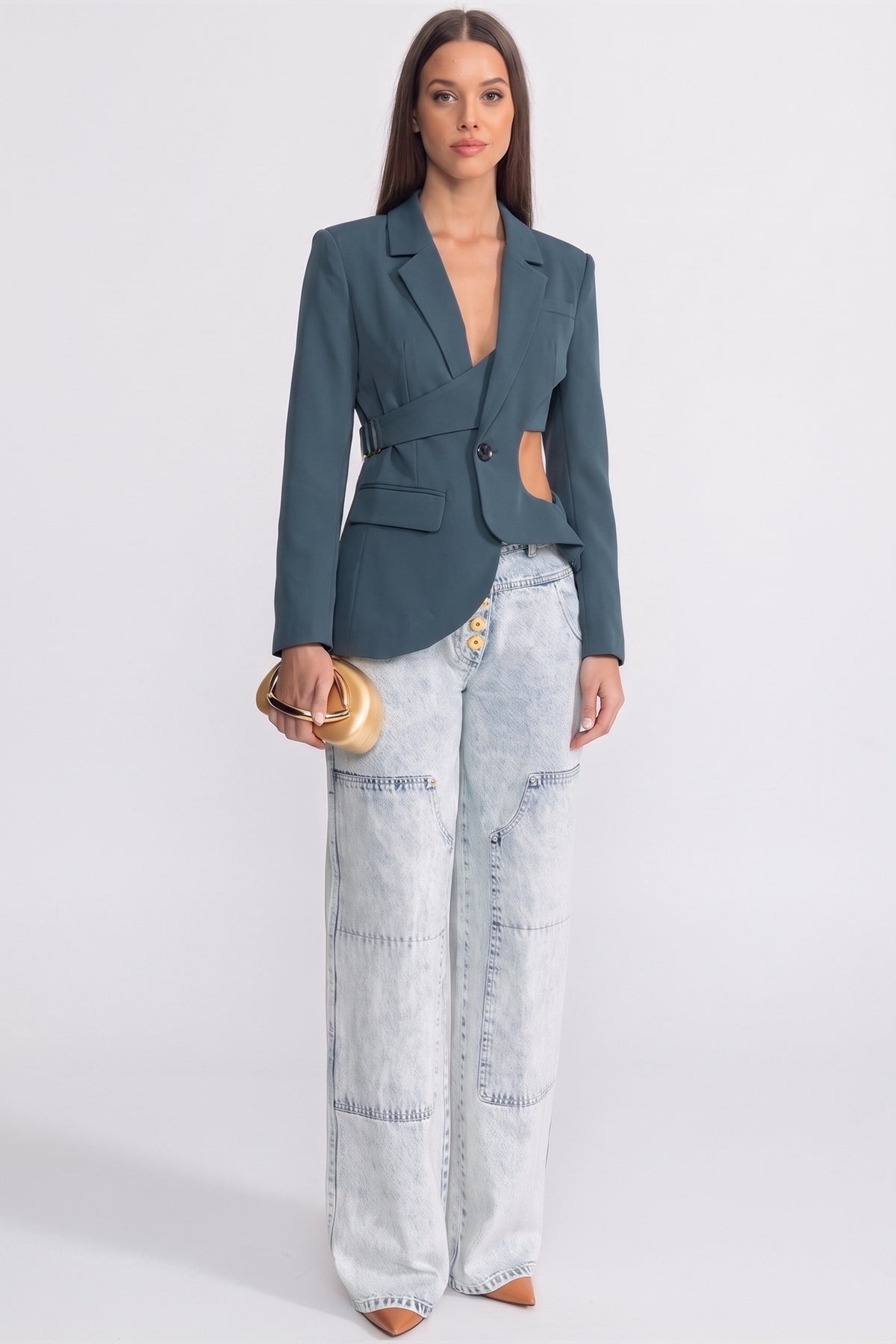 Asymmetric Cut-Out Blazer with Belt Detail - Teal