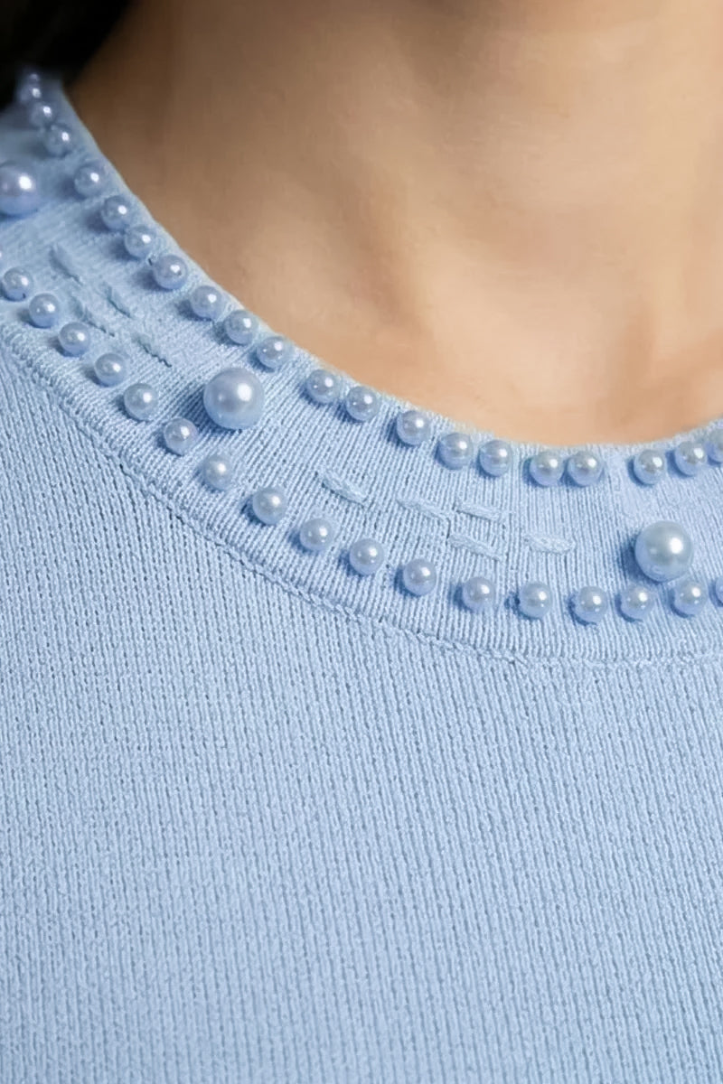 Cardigan tricotat cu nasturi de perlă și aplicații - Blue